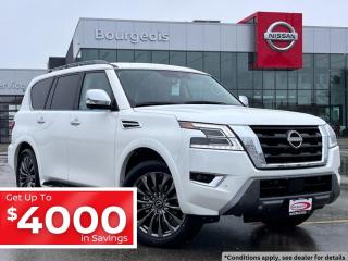 <b>Rear Entertainment,  Cooled Seats,  Sunroof,  Navigation,  Bose Premium Audio!</b><br> <br> <br> <br>  With room for you and yours and the rugged capability to tackle anything that lies ahead, this 2024 Armada is the perfect family adventure vehicle. <br> <br>This 2024 Nissan Armada with its excellent road manners is arguably one of the best SUVs on the market. A well fitted and luxurious cabin keeps all passengers comfortable as it tackles highways and back roads with the same level of expertise and confidence. High towing capabilities as well as a generous cargo space only add to the versatility of this premium SUV, letting you haul family and luggage alike with no sacrifices being made to stability or power delivery.<br> <br> This aspen white pearl SUV  has a 7 speed automatic transmission and is powered by a  400HP 5.6L 8 Cylinder Engine.<br> <br> Our Armadas trim level is Platinum. This Platinum trim adds in rear seat entertainment with double LCD monitors and cooled front seats, and is loaded with great standard features such as a 13-speaker Bose Premium Audio setup, mobile device wireless charging, Wi-Fi hotspot, a glass sunroof, a power liftgate for rear cargo access, and a heated steering wheel. Infotainment duties are handled by a 12.3-inch multi-touch screen with wireless Apple CarPlay and Android Auto, NissanConnect services, and inbuilt navigation with voice navigation. Safety features include blind spot detection, adaptive cruise control, intelligent forward collision warning, lane keeping assist with lane departure warning, front and rear collision mitigation, and front and rear parking sensors. This vehicle has been upgraded with the following features: Rear Entertainment,  Cooled Seats,  Sunroof,  Navigation,  Bose Premium Audio,  Wireless Charging,  Wi-fi Hotspot. <br><br> <br>To apply right now for financing use this link : <a href=https://www.bourgeoisnissan.com/finance/ target=_blank>https://www.bourgeoisnissan.com/finance/</a><br><br> <br/><br>Discount on vehicle represents the Cash Purchase discount applicable and is inclusive of all non-stackable and stackable cash purchase discounts from Nissan Canada and Bourgeois Midland Nissan and is offered in lieu of sub-vented lease or finance rates. To get details on current discounts applicable to this and other vehicles in our inventory for Lease and Finance customer, see a member of our team. </br></br>Since Bourgeois Midland Nissan opened its doors, we have been consistently striving to provide the BEST quality new and used vehicles to the Midland area. We have a passion for serving our community, and providing the best automotive services around.Customer service is our number one priority, and this commitment to quality extends to every department. That means that your experience with Bourgeois Midland Nissan will exceed your expectations  whether youre meeting with our sales team to buy a new car or truck, or youre bringing your vehicle in for a repair or checkup.Building lasting relationships is what were all about. We want every customer to feel confident with his or her purchase, and to have a stress-free experience. Our friendly team will happily give you a test drive of any of our vehicles, or answer any questions you have with NO sales pressure.We look forward to welcoming you to our dealership located at 760 Prospect Blvd in Midland, and helping you meet all of your auto needs!<br> Come by and check out our fleet of 20+ used cars and trucks and 90+ new cars and trucks for sale in Midland.  o~o