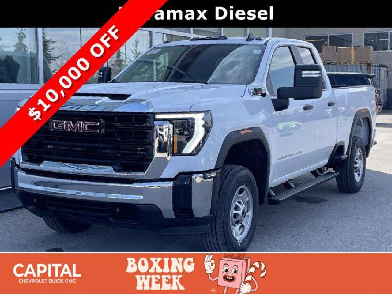 This GMC Sierra 2500HD delivers a Turbocharged Diesel V8 6.6L/ engine powering this Automatic transmission. ENGINE, DURAMAX 6.6L TURBO-DIESEL V8, B20-DIESEL COMPATIBLE (470 hp [350.5 kW] @ 2800 rpm, 975 lb-ft of torque [1322 Nm] @ 1600 rpm) Includes (K05) engine block heater.), Wireless Phone Projection for Apple CarPlay and Android Auto, Windows, power rear, express down.* This GMC Sierra 2500HD Features the Following Options *Windows, power front, drivers express up/down, Window, power front, passenger express down, Wi-Fi Hotspot capable (Terms and limitations apply. See onstar.ca or dealer for details.), Wheels, 17 (43.2 cm) painted steel, Silver, USB Ports, 2, Charge/Data ports located on instrument panel, Transfer case, two-speed, electronic shift with push button controls (Requires 4WD models.), Trailering Information Label provides max trailer ratings for tongue weight, conventional, gooseneck and 5th wheel trailering, Tires, LT245/75R17E all-season, blackwall, Tire, spare LT245/75R17E all-season, blackwall (Included and only available with (QHQ) LT245/75R17E all-season, blackwall tires with (E63) pickup bed models. Available to order when (ZW9) pickup bed delete and (QHQ) LT245/75R17E all-season, blackwall tires are ordered.), Tire Pressure Monitoring System, auto learn includes Tire Fill Alert (does not apply to spare tire).* Stop By Today *Test drive this must-see, must-drive, must-own beauty today at Capital Chevrolet Buick GMC Inc., 13103 Lake Fraser Drive SE, Calgary, AB T2J 3H5.