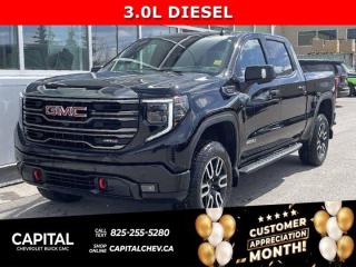 Check out this 2023 GMC Sierra 1500 AT4. Its Automatic transmission and Turbocharged Diesel I6 3.0L/183 engine will keep you going. This GMC Sierra 1500 has the following options: Wireless Phone Projection, for Apple CarPlay and Android Auto, Wireless Charging (Beginning October 26, 2022 through November 20, 2022, certain vehicles will be forced to include (00C) Not Equipped with Wireless Charging, which removes Wireless Charging. See dealer for details or the window label for the features on a specific vehicle.), Wipers, front rain-sensing, Windows, power rear, express down, Windows, power front, drivers express up/down, Window, power front, passenger express up/down, Wi-Fi Hotspot capable (Terms and limitations apply. See onstar.ca or dealer for details.), Wheels, 18 x 8.5 (45.7 cm x 21.6 cm) machined aluminum with Dark Grey accents, Wheel, 17 x 8 (43.2 cm x 20.3 cm) full-size, steel spare, and USB Ports, 2, Charge/Data ports located inside centre console. Stop by and visit us at Capital Chevrolet Buick GMC Inc., 13103 Lake Fraser Drive SE, Calgary, AB T2J 3H5.