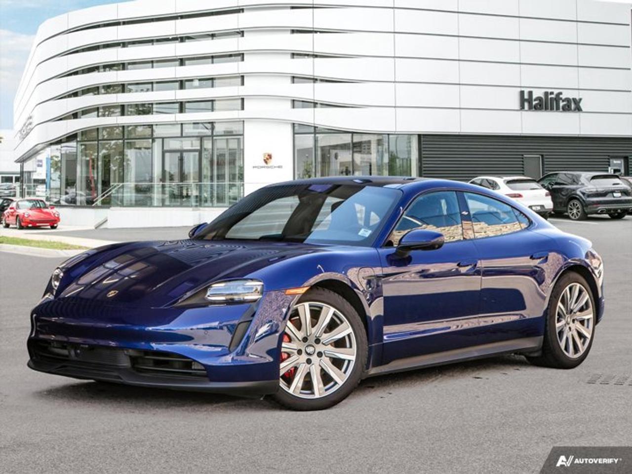 *Now available at Porsche of Halifax*, this *2023 Porsche Taycan 4S* in *Gentian Blue Metallic* offers an exceptional blend of all-electric performance, long-range capability, premium comfort, and modern Porsche design. With a *Black Leather Interior* and an extensive list of desirable options, this Taycan delivers effortless efficiency alongside unmistakable luxury.*Warranty Data on this Taycan : Options to Extend Warranty Further or Longer Available.**New Vehicle Warranty until Aug 17, 2027 or 80,000kms**High Voltage Battery until Aug 17, 2031 or 160,000kms.*==== Performance & Efficiency ====  *   *Performance Battery Plus (93.4 kWh)* for increased range and stronger acceleration  *   *Dual-Motor All-Wheel Drive* delivering confident traction in all conditions  *   *0--100 km/h in approx. 4.0 seconds*  *   *Porsche Electric Sport Sound* enhancing driving engagement  *   *Porsche Intelligent Range Manager* optimizing efficiency for longer journeys  *   *150 kW / 400V DC On-Board Fast Charger* for reduced charging times  *   *Mobile Charger Connect + 25 ft Charging Cable* included==== Comfort & Convenience ====  *   *14-Way Power Seats with Comfort Memory Package*  *   *Ventilated Front Seats* and *Heated Rear Seats* for year-round comfort  *   *Fixed Panoramic Roof in Glass* creating an open, airy cabin  *   *Leather Interior in Black* with premium detailing throughout  *   *Porsche Crest on Headrests (Front)*  *   *Ionizer* for enhanced air quality  *   *Storage Package* adding useful interior stowage solutions==== Technology & Driver Assistance ====  *   *Tech Package* with advanced digital and safety systems  *   *Head-Up Display* projecting key information directly in the drivers line of sight  *   *Passenger Display* providing interactive functionality for the front passenger  *   *Surround View + Remote ParkAssist* for effortless parking and maneuvering  *   *Adaptive Cruise Control (ACC)* for relaxed long-distance driving  *   *Lane Change Assist (LCA)* for added highway safety  *   *Power Charge Port Cover* for seamless charging usability  *   *Preparation for Porsche Dashcam (Front & Rear)*==== Exterior Highlights ====  *   *21 RS Spyder Design Wheels* for a bold, performance-oriented stance  *   *Window Trim in High Gloss Black* adding subtle sophistication  *   *Under-Door Puddle Light Projectors*  *   *Model Designation in Satin Black* for a clean, refined rear appearance----------------------------------------The *2023 Taycan 4S* in *Gentian Blue Metallic* combines electrifying performance, long-range efficiency, and premium Porsche craftsmanship in one of the brands most desirable all-electric models. *Now at Porsche of Halifax*---contact us today to schedule your private viewing or test drive.