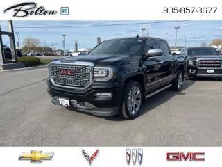 <b>Leather Seats, Denali Ultimate Package!<br> <br></b><br>  Our sales staff will help you find that used vehicle you have been looking for - come see us today!<br> <br>   The Sierras cabin is engineered to provide you and your passengers with a quiet, and most comfortable experience possible. This  2017 GMC Sierra 1500 is for sale today in Bolton. <br> <br>This 2017 GMC Sierras expertly crafted body and premium materials form a striking appearance inside and out. Thanks to its stunning GMC Signature LED lighting that further enhance its bold and advanced design, this Sierra offers a Professional Grade truck thats built for anything you put in front of it. One look inside this handsome truck and youll find premium materials such as a soft-touch instrument panel, superior comfort in its seats, and advanced safety features making the Sierra, an all around complete package. This  Crew Cab 4X4 pickup  has 117,636 kms. Its  onyx black in colour  and is major accident free based on the <a href=https://vhr.carfax.ca/?id=Vb+UrmX9OvJfFEZ6rBl0I+l5GTsCUwCM target=_blank>CARFAX Report</a> . It has an automatic transmission and is powered by a   6.2L 8 Cylinder Engine.  It may have some remaining factory warranty, please check with dealer for details. <br> <br> Our Sierra 1500s trim level is Denali. This Sierra 1500 Denali is the top of the line and comes packed with luxurious features and top grade materials. High-end equipment consists of full features 12 way - power leather seats with heating and cooling options, Intellilink with an 8 inch touch screen and navigation system, a premium Bose audio system, an enhanced driver alert package with forward collision alert, lane keep assist, Ultrasonic front and rear parking assist plus much more. It also comes with unique exterior styling details include exclusive aluminum wheels. This vehicle has been upgraded with the following features: Leather Seats, Denali Ultimate Package. <br> <br>To apply right now for financing use this link : <a href=http://www.boltongm.ca/?https://CreditOnline.dealertrack.ca/Web/Default.aspx?Token=44d8010f-7908-4762-ad47-0d0b7de44fa8&Lang=en target=_blank>http://www.boltongm.ca/?https://CreditOnline.dealertrack.ca/Web/Default.aspx?Token=44d8010f-7908-4762-ad47-0d0b7de44fa8&Lang=en</a><br><br> <br/><br> Buy this vehicle now for the lowest bi-weekly payment of <b>$274.18</b> with $0 down for 84 months @ 8.99% APR O.A.C. ( Plus applicable taxes -  Plus applicable fees   ).  See dealer for details. <br> <br>Call 1-877-626-5866 NOW before this vehicle is sold!!! 
*No Hassles, No Haggles, No Admin Fees,* *JUST OUR BEST PRICE, FIRST*!!!
*** GOOD CREDIT, BAD CREDIT, NO CREDIT, LET OUR FINANCE MANAGERS SHOW YOU THE DIFFERENCE THAT BUYING FROM BOLTON GM WILL MAKE, WE SPECIALIZE IN REBUILDING YOUR CREDIT!!!!*** 
Bolton GM is Only 15 minutes from Hwy 9, 400, 427 and 410
See our complete inventory at www.boltongm.ca
 o~o