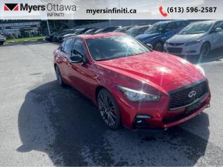 <b>Certified, Low Mileage, Leather Seats,  Sunroof,  Remote Start,  Navigation,  Bose Performance Audio!</b><br> <br>  Compare at $54633 - Our Price is just $53042! <br> <br>   With infinite potential, this Q50 can be built to perfectly suit you. This  2022 INFINITI Q50 is for sale today in Ottawa. <br> <br>When looking at the 2022 Infiniti Q50 few select words can be found to best describe it. Attention to detail, meticulously built, amazing style. The Q50 is a quality mid sized sedan that is a very strong competitor to the German rivals in its class. Thankfully, it rises above them with forward thinking safety and entertainment technologies, giving you a feel of the future in one of todays cars. This low mileage  sedan has just 19,956 kms and is a Certified Pre-Owned vehicle. Its  red in colour  . It has an automatic transmission and is powered by a  400HP 3.0L V6 Cylinder Engine.  And its got a certified used vehicle warranty for added peace of mind. <br> <br> Our Q50s trim level is Red Sport I-LINE. This Q50 has all the cool tech you need with Infiniti InTouch dual display infotainment with wireless Apple CarPlay and Android Auto, Siri EyesFree, Bluetooth hands free phone assistant, Wi-Fi, and streaming audio. On top of all that connectivity, is classic comfort in the form of heated seats and steering wheel, power liftgate, and forward emergency braking.The exterior is equally next level with a chrome exhaust tip, alloy wheels, rain sensing wipers, automatic LED lighting with fog lamps, and stylish perimeter approach lights. This Red Sport I-Line trim   bigger motor, performance suspension, exclusive wheels, blacked out exterior trim, quilted leather seats with red accents, navigation, leather seats, a sunroof, Bose CentrePoint Audio, distance pacing, remote start, parking sensors, bling spot warning, and a 360 degree parking camera. This vehicle has been upgraded with the following features: Leather Seats,  Sunroof,  Remote Start,  Navigation,  Bose Performance Audio,  Power Liftgate,  Heated Seats. <br> <br>To apply right now for financing use this link : <a href=https://www.myersinfiniti.ca/finance/ target=_blank>https://www.myersinfiniti.ca/finance/</a><br><br> <br/>Rigorous Certification ProcessEvery CERTIFIED INFINITI vehicle gets an obsessively detailed inspection prior to earning the CERTIFIED status. An INFINITI-trained technician ensures the highest standards for each vehicle, in a 169-point inspection process.72-month/160,000km Warranty** In effect for period of 72 months or 160,000kms (whichever comes first) from the vehicles original in-service dateINFINITIs Warranty provides coverage for 72 months or 160,000kms (whichever comes first) from your vehicles original in-service date. Over 1900 components are covered including:Engine: Cylinder heads and block and all internal parts, rocker covers and oil pan, valvetrain and front cover, timing chain and tensioner, oil pump and fuel pump, fuel injectors, intake and exhaust manifolds and turbocharger, flywheel, seals and gasketsTransmission and Transfer Case: Case and all internal parts, torque converter and converter housing, automatic transmission control module, transfer case and all internal parts, seals and gaskets, and electronic transmission controlsDrivetrain: Drive shafts, final drive housing and all internal parts, propeller shafts, universal joints, bearings, seals and gaskets$0 Deductible: No deductibles for repairs covered under the Powertrain WarrantyCertified INFINITI BenefitsCertified INFINITI vehicles offer all the exciting performance, innovation and reliability of a INFINITI, with value and peace-of-mind at the heart of the experience. 72 month/160,000kms* WarrantyEasy Financing with INFINITI Financial Services24/7 Premium Roadside Assistance1Rental Vehicle AssistancePersonalized Trip PlanningSirius Satellite Radio Trial210 day/1,500km exchange promise1 In effect for period of 72 months or 160,000kms (whichever comes first) from the vehicles original in-service date2 Available on compatible modelsINFINITIs Executive Protection PlanCustomized Protection: Executive plans provide up to 96 months / 200,000kms1 of extended coverage.Talk to your INFINITI dealer about Executive Protection Plans on your Certified INFINITI.1 In effect for period of 72 months or 160,000kms (whichever comes first) from the vehicles original in-service date<br> <br/><br> Buy this vehicle now for the lowest bi-weekly payment of <b>$472.89</b> with $0 down for 84 months @ 11.00% APR O.A.C. ( taxes included, and licensing fees   ).  See dealer for details. <br> <br>*LIFETIME ENGINE TRANSMISSION WARRANTY NOT AVAILABLE ON VEHICLES WITH KMS EXCEEDING 140,000KM, VEHICLES 8 YEARS & OLDER, OR HIGHLINE BRAND VEHICLE(eg. BMW, INFINITI. CADILLAC, LEXUS...)<br> Come by and check out our fleet of 40+ used cars and trucks and 90+ new cars and trucks for sale in Ottawa.  o~o