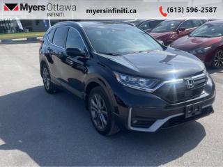 <b>Sunroof,  Blind Spot Display,  Heated Seats,  Automatic Braking,  Lane Keep Assist!</b><br> <br>  Compare at $32063 - Our Price is just $31129! <br> <br>   With car-like handling and excellent fuel efficiency, this capable and comfort 2021 Honda CR-V is the total package. This  2021 Honda CR-V is for sale today in Ottawa. <br> <br>This stylish 2021 Honda CR-V has a spacious interior and car-like handling that captivates anyone who gets behind the wheel. With its smooth lines and sleek exterior, this gorgeous CR-V has no problem turning heads at every corner. Whether youre a thrift-store enthusiast, or a backcountry trail warrior with all of the camping gear, this practical Honda CR-V has got you covered! This  SUV has 55,219 kms. Its  black in colour  . It has an automatic transmission and is powered by a  190HP 1.5L 4 Cylinder Engine.  This unit has some remaining factory warranty for added peace of mind. <br> <br> Our CR-Vs trim level is Sport. This CR-V Sport has amazing features like a power drivers seat, woodgrain interior, a moonroof, automatic high and low beam headlights, dual-zone automatic climate control, remote start, heated seats, LED daytime running lights, heated power mirrors, and aluminum wheels. The infotainment system includes 7 inch touchscreen with HondaLink, HomeLink home remote system, HandsFreeLink bilingual Bluetooth, Apple CarPlay, Android Auto, rear view camera, and a 6 speaker sound system. You even get a host of safety features such as automatic collision mitigation braking, forward collision warning, lane departure warning, road departure mitigation, and lane keep assist, and a blind spot display. This vehicle has been upgraded with the following features: Sunroof,  Blind Spot Display,  Heated Seats,  Automatic Braking,  Lane Keep Assist,  Apple Carplay,  Android Auto. <br> <br>To apply right now for financing use this link : <a href=https://www.myersinfiniti.ca/finance/ target=_blank>https://www.myersinfiniti.ca/finance/</a><br><br> <br/><br> Buy this vehicle now for the lowest bi-weekly payment of <b>$308.48</b> with $0 down for 72 months @ 11.00% APR O.A.C. ( taxes included, and licensing fees   ).  See dealer for details. <br> <br>*LIFETIME ENGINE TRANSMISSION WARRANTY NOT AVAILABLE ON VEHICLES WITH KMS EXCEEDING 140,000KM, VEHICLES 8 YEARS & OLDER, OR HIGHLINE BRAND VEHICLE(eg. BMW, INFINITI. CADILLAC, LEXUS...)<br> Come by and check out our fleet of 40+ used cars and trucks and 90+ new cars and trucks for sale in Ottawa.  o~o