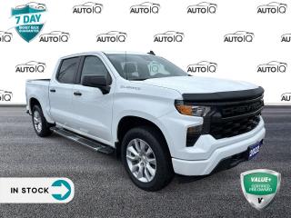 Odometer is 925 kilometers below market average!

Summit White 2022 Chevrolet Silverado 1500 Custom 4D Crew Cab 2.7L Turbo 8-Speed Automatic 4WD 8-Speed Automatic, 4WD, Jet Black Cloth, 120-Volt Bed Mounted Power Outlet, 120-Volt Instrument Panel Power Outlet, 3.5 Monochromatic Display Driver Info Centre, 4-Wheel Disc Brakes, 6 Speakers, 6-Speaker Audio System, ABS brakes, Air Conditioning, AM/FM radio: SiriusXM, Apple CarPlay/Android Auto, Auto High-beam Headlights, Automatic Emergency Braking, Bluetooth® For Phone, Brake assist, Bumpers: body-colour, Chevrolet Connected Access Capable, Cloth Seat Trim, Colour-Keyed Carpeting Floor Covering, Compass, Custom Convenience Package, Custom Value Package, Delay-off headlights, Driver door bin, Driver vanity mirror, Dual front impact airbags, Dual front side impact airbags, Dual Rear USB Ports (Charge Only), Electric Rear-Window Defogger, Electrical Steering Column Lock, Electronic Cruise Control, Electronic Stability Control, EZ Lift Power Lock & Release Tailgate, Following Distance Indicator, Forward Collision Alert, Front anti-roll bar, Front Pedestrian Braking, Front reading lights, Front Rubberized Vinyl Floor Mats, Front wheel independent suspension, Fully automatic headlights, HD Rear Vision Camera, Heated door mirrors, High Capacity Suspension Package, Hitch Guidance, Illuminated entry, Lane Keep Assist w/Lane Departure Warning, LED Cargo Area Lighting, Low tire pressure warning, Manual Tilt Wheel Steering Column, Occupant sensing airbag, OnStar & Chevrolet Connected Services Capable, Outside temperature display, Overhead airbag, Overhead console, Panic alarm, Passenger vanity mirror, Power door mirrors, Power driver seat, Power Front Windows w/Driver Express Up/Down, Power Front Windows w/Passenger Express Down, Power Rear Windows w/Express Down, Power steering, Power windows, Premium audio system: Chevrolet Infotainment 3, Radio data system, Radio: Chevrolet Infotainment 3 System, Rear reading lights, Rear Rubberized-Vinyl Floor Mats, Rear step bumper, Rear window defroster, Remote Keyless Entry, Remote keyless entry, Remote Vehicle Starter System, Security system, SiriusXM, Speed control, Speed-sensing steering, Standard Tailgate, Tachometer, Theft Deterrent System (Unauthorized Entry), Tilt steering wheel, Traction control, Trailering Package, Trip computer, Voltmeter, Wi-Fi Hot Spot Capable, Wireless Phone Projection.<p> </p>

<h4>VALUE+ CERTIFIED PRE-OWNED VEHICLE</h4>

<p>36-point Provincial Safety Inspection<br />
172-point inspection combined mechanical, aesthetic, functional inspection including a vehicle report card<br />
Warranty: 30 Days or 1500 KMS on mechanical safety-related items and extended plans are available<br />
Complimentary CARFAX Vehicle History Report<br />
2X Provincial safety standard for tire tread depth<br />
2X Provincial safety standard for brake pad thickness<br />
7 Day Money Back Guarantee*<br />
Market Value Report provided<br />
Complimentary 3 months SIRIUS XM satellite radio subscription on equipped vehicles<br />
Complimentary wash and vacuum<br />
Vehicle scanned for open recall notifications from manufacturer</p>

<p>SPECIAL NOTE: This vehicle is reserved for AutoIQs retail customers only. Please, No dealer calls. Errors & omissions excepted.</p>

<p>*As-traded, specialty or high-performance vehicles are excluded from the 7-Day Money Back Guarantee Program (including, but not limited to Ford Shelby, Ford mustang GT, Ford Raptor, Chevrolet Corvette, Camaro 2SS, Camaro ZL1, V-Series Cadillac, Dodge/Jeep SRT, Hyundai N Line, all electric models)</p>

<p>INSGMT</p>