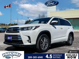Blizzard Pearl 2017 Toyota Highlander XLE 4D Sport Utility 3.5L 6-Cylinder 8-Speed Automatic AWD AWD, 18 Aluminum Alloy Wheels, 3rd row seats: split-bench, 4-Wheel Disc Brakes, 6 Speakers, ABS brakes, Air Conditioning, Alloy wheels, AM/FM radio: SiriusXM, Anti-whiplash front head restraints, Auto High-beam Headlights, Auto-dimming Rear-View mirror, Automatic temperature control, Axle Ratio: 3.003, Brake assist, Bumpers: body-colour, CD player, Cruise Control, Delay-off headlights, Driver door bin, Driver vanity mirror, Dual front impact airbags, Dual front side impact airbags, Electronic Stability Control, Four wheel independent suspension, Front anti-roll bar, Front Bucket Seats, Front dual zone A/C, Front fog lights, Front reading lights, Fully automatic headlights, Garage door transmitter, Heated door mirrors, Heated Front Captain Seats, Heated front seats, Illuminated entry, Knee airbag, Leather Seat Surfaces, Leather Shift Knob, Low tire pressure warning, Navigation System, Occupant sensing airbag, Outside temperature display, Overhead airbag, Overhead console, Panic alarm, Passenger door bin, Passenger vanity mirror, Power door mirrors, Power driver seat, Power Liftgate, Power moonroof, Power passenger seat, Power steering, Power windows, Radio data system, Radio: AM/FM/CD/MP3/WMA w/AVN Premium Navigation, Rear air conditioning, Rear anti-roll bar, Rear reading lights, Rear window defroster, Rear window wiper, Reclining 3rd row seat, Remote keyless entry, Roof rack: rails only, Security system, Speed-sensing steering, Split folding rear seat, Spoiler, Steering wheel mounted audio controls, Sun blinds, Tachometer, Telescoping steering wheel, Tilt steering wheel, Traction control, Trip computer, Turn signal indicator mirrors, Variably intermittent wipers.