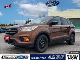 Canyon Ridge Metallic 2017 Ford Escape S 4D Sport Utility 2.5L I4 iVCT 6-Speed Automatic FWD 3.51 Axle Ratio, 4-Wheel Disc Brakes, 6 Speakers, ABS brakes, Air Conditioning, AM/FM radio, Brake assist, Bumpers: body-colour, CD player, Cloth Front Bucket Seats, Delay-off headlights, Driver door bin, Driver vanity mirror, Dual front impact airbags, Dual front side impact airbags, Electronic Stability Control, Emergency communication system: 911 Assist, Engine Block Heater, Equipment Group 100A, Exterior Parking Camera Rear, Four wheel independent suspension, Front anti-roll bar, Front Bucket Seats, Front reading lights, Fully automatic headlights, Illuminated entry, Knee airbag, Low tire pressure warning, Occupant sensing airbag, Outside temperature display, Overhead airbag, Overhead console, Panic alarm, Passenger door bin, Passenger vanity mirror, Power door mirrors, Power steering, Power windows, Radio data system, Radio: AM/FM Single-CD/MP3 Capable, Rear anti-roll bar, Rear window defroster, Rear window wiper, Remote keyless entry, Speed control, Speed-sensing steering, Split folding rear seat, Steering wheel mounted audio controls, SYNC Communications & Entertainment System, Tachometer, Telescoping steering wheel, Tilt steering wheel, Traction control, Trip computer, Variably intermittent wipers, Wheels: 17 Steel w/Sparkle Silver Cover.


Reviews:
  * Owners appreciate a modern and unique cabin layout, peace of mind in bad weather, and pleasing performance from the turbocharged engines, particularly the larger 2.0L unit. Controls are said to be easy to use, and interfaces are easily learned. Plenty of at-hand storage is fitted within reach of all occupants to help keep organized and tidy on the move, and the tall and upright driving position helps add confidence. Good brake feel is also noted, particularly during hard stops. Source: autoTRADER.ca