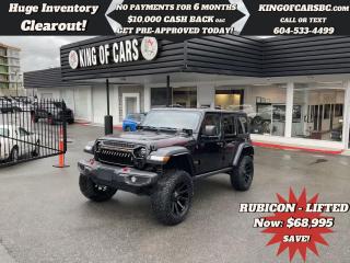2023 JEEP WRANGLER UNLIMITED RUBICON LIFT --4 INCH ready lift with falcon shocksALL CUSTOMIZATION WAS DONE AT KING OF CARS BC --- ALL NEW ---OVER $ 16000 IN UPGRADESMATCHING MAN MAD GRILL - FLARE EXTENDED -front FALCON stabilizer SHOCKFUEL WHEELS ON OFF ROAD TIRES -king of the off roadNAVIGATION, - LED HEAD LIGHTS FACTORY -BACK UP CAMERA, HEATED SEATS, HEATED STEERING WHEEL, FRONT + REAR LOCKING DIFF, REAR ONLY LOCKING DIFF, OFF ROAD +, SWAY BAR DISCONNECT, APPLE CARPLAY, ANDROID AUTO, REMOTE STARTER, KEYLESS GO, PUSH BUTTON START, AUTO STOP & GO, LED LIGHT PACKAGE, ALPINE SPEAKER SYSTEMBALANCE OF JEEP FACTORY WARRANTYCALL US TODAY FOR MORE INFORMATION604 533 4499 OR TEXT US AT 604 360 0123GO TO KINGOFCARSBC.COM AND APPLY FOR A FREE-------- PRE APPROVAL -------STOCK # P214977PLUS ADMINISTRATION FEE OF $895 AND TAXESDEALER # 31301all finance options are subject to ....oac...