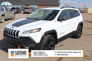 <p><strong>SASKATCHEWAN VEHCILE EXCELLENT SERVICE RECORDS </strong></p>

<p>Our Jeep Cherokee Trailhawk has been through a <strong>presale inspection, Carfax Reports Saskatchewan Vehicle with no serious collisions and Excellent Service Records. Financing Available on site Trades Encouraged. Aftermarket warranties to fit every need and budget.</strong> The 2018 Jeep Cherokee stands out from the competitive small crossover segment thanks to its exceptional off-road ability. That's what Jeeps are known for, particularly in Jeep's Trail Rated Trailhawk trim. Ordered as such, the Cherokee can handle trails better than any other rival. But most shoppers are just looking for a comfortable vehicle to drive every day, and the Cherokee is effective on this front as well. With a supple suspension and a strong V6 engine, plus an easy-to-use 8.4-inch touchscreen inside, the 2018 Cherokee is prepared for the daily grind. The off-road-themed Trailhawk comes with an advanced all-wheel-drive system (Active Drive II) and also boasts slightly wider 17-inch wheels and all-terrain tires, increased ground clearance, off-road-oriented suspension tuning, a locking rear differential, hill ascent and descent control, skid plates, tow hooks, unique exterior trim, cloth and leather upholstery, a leather-wrapped shift knob, a larger driver information display, satellite radio and Jeep's 8.4-inch Uconnect touchscreen interface with a USB audio interface, Siri Eyes Free and smartphone-app integration. Additional features for 2018 include blind-spot monitoring, rear cross-traffic detection and parking sensors, as well as dual-zone automatic climate control. Trailer Tow group package. This package includes a stand-alone transmission cooler, Class III hitch, trailer wiring harness for both four- and seven-pin systems, as well as a full-size spare. V6-equipped models also receive additional engine cooling.</p>

<p><span style=color:#2980b9><strong>Siman Auto Sales is large enough to make a difference but small enough to care. We are family owned and operated, and have been proudly serving Saskatchewan car buyers since 1998. We offer on site financing, consignment, automotive repair and over 90 preowned vehicles to choose from.</strong></span></p>