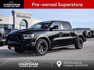 2022 Ram 1500 4D Crew Cab Sport/Rebel Diamond Black Crystal Pearlcoat 115V Rear Auxiliary Power Outlet, 12 Touchscreen, 19-Speaker harman/kardon Prem Sound, 1-Year SiriusXM Subscription, 2nd Row In-Floor Storage Bins, 4G LTE Wi-Fi Hot Spot, 4-Way Front Headrests, A/C w/Dual-Zone Automatic Temperature Control, Apple CarPlay Capable, Black Front Bumper w/Black Plate, Black RAM Grille Badge, Body-Colour Door Handles, Bucket Seats, Connected Travel & Traffic Services, Connectivity - US/Canada, Disassociated Touchscreen Display, Dome Dual LED Reading Lamps, Door Trim Panel Foam Bottle Insert, Dual-Pane Panoramic Sunroof, For Details Visit DriveUconnect.ca, Front Heated Seats, Front Seatback Map Pockets, Full-Length Upgraded Floor Console, Google Android Auto, GPS Antenna Input, GPS Navigation, Grille Moustache w/Black Outline, Hands-Free Phone Communication, HD Radio, Heated Steering Wheel, Integrated Centre Stack Radio, LED Dome/Reading Lamp, Luxury Leather-Faced Front Bucket Seats, Media Hub w/2 USB Charging Ports, Night Edition, Off-Road Info Pages, Overhead LED Lamps, Park-Sense Front/Rear Park Assist w/Stop, Power 2-Way Driver Lumbar Adjust, Power 2-Way Passenger Lumbar Adjust, Power 8-Way Driver & Passenger Seats, Power Adjustable Pedals, Quick Order Package 25W Rebel, Radio: Uconnect 5W Nav w/12.0 Display, Rain-Sensing Windshield Wipers, Rear 60/40 Folding Seat, Rear Dome Lamp w/On/Off Switch, Rear Underseat Compartment Storage, Rear Window Defroster, Rebel 12, Rebel Level 2 Equipment Group, Remote Proximity Keyless Entry, Security Alarm, SiriusXM w/360L On-Demand Content, Sun Visors w/Illuminated Vanity Mirrors, Trailer Brake Control, Universal Garage Door Opener, USB Mobile Projection, Wheels: 18 x 8.0 Gloss Black. 4WD HEMI 5.7L V8 VVT 8-Speed Automatic<br><br><br>Here at Chatham Chrysler, our Financial Services Department is dedicated to offering the service that you deserve. We are experienced with all levels of credit and are looking forward to sitting down with you. Chatham Chrysler Proudly serves customers from London, Ridgetown, Thamesville, Wallaceburg, Chatham, Tilbury, Essex, LaSalle, Amherstburg and Windsor with no distance being ever too far! At Chatham Chrysler, WE CAN DO IT!