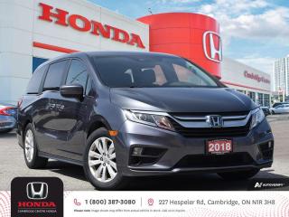 <p><strong>NOW AVAILABLE! GREAT VAN! NO REPORTED ACCIDENTS! </strong>2018 Honda Odyssey LX featuring nine speed automatic transmission, seven passenger seating, rearview camera, Bluetooth, USB and auxiliary inputs, steering wheel mounted controls, air conditioning, cruise control, heated seats, power locks, remote keyless entry, auto-on/off headlights, power and heated mirrors, power windows, electronic stability control and anti-lock braking system. Contact Cambridge Centre Honda for special discounted finance rates, as low as 8.99%, on approved credit from Honda Financial Services.</p>

<p><span style=color:#ff0000><strong>FREE $25 GAS CARD WITH TEST DRIVE!</strong></span></p>

<p>Our philosophy is simple. We believe that buying and owning a car should be easy, enjoyable and transparent. Welcome to the Cambridge Centre Honda Family! Cambridge Centre Honda proudly serves customers from Cambridge, Kitchener, Waterloo, Brantford, Hamilton, Waterford, Brant, Woodstock, Paris, Branchton, Preston, Hespeler, Galt, Puslinch, Morriston, Roseville, Plattsville, New Hamburg, Baden, Tavistock, Stratford, Wellesley, St. Clements, St. Jacobs, Elmira, Breslau, Guelph, Fergus, Elora, Rockwood, Halton Hills, Georgetown, Milton and all across Ontario!</p>
