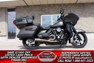 **Cash Price: $33,800. Finance Price: $32,800 (SAVE $1,000 OFF THE LISTED CASH PRICE WITH DEALER ARRANGED FINANCING O.A.C.) Plus PST/GST. No Administration Fees!!** Free CarFax Vehicle History Report available on every bike! PAYMENTS STARTING AS LOW AS $195 B/W OAC. *Certain Conditions may apply

THIS IS A MUST SEE "HOT ROD BAGGER" WITH NICE UPGRADED ALREADY COMPLETED. CLEAN & VERY SHARP TWO-TONE RIVER ROCK GRAY DENIM/DENIM BLACK WITH THE BLACK OUT FINISH, LOADED WITH FEATURES AND UPGRADES.  **ABSOLUTE MUST SEE STUNNING RIDE** Project Rushmore & 114 CU M8 2021 Harley-Davidson FLTRK Road Glide Limited beautifully finished with the Black out Package and all the right upgrades already done. This Road Glide Limited provides the next step for those looking to stand out among the crowd and upgrade their ride. Redefining fully-loaded, Blacked-out and loaded with premium features, Fire up the thrill-inducing Milwaukee-Eight 114 V-Twin engine and youre in for one hell of a ride. This Road Glide Special has it all including standard features such as the large, Milwaukee-Eight 114 V-Twin (with upgrades already completed with the Stainless CHD Custom 2-1 Pro Pipe and Trask Performance See Though intake - Sounds amazing!!), the upgraded Reflex linked Brembo anti-lock brakes, electronic cruise control, Smart walk away Security System, factory Boom! Box GTS infotainment system with color touch screen offers navigation, communication and entertainment options, Apple car play /android auto to navigate your smartphone and the GPS, which by the way, can be operated by multi-lingual voice commands. Harley also has equipped this Limited with the subscription-based H-D Connect Service that connects the smartphone via the dedicated app that allows the rider to check the motorcycle’s vitals, including fuel level, get tamper alerts and stolen-vehicle tracking, and more. It also has the new Optional RDRS Safety Enhancements, which is a  collection of technologies designed to match motorcycle performance to available traction during acceleration, deceleration and braking. it  Includes linked braking, ABS, traction control, drag-torque slip control, tire pressure monitoring system, and vehicle hold control. The bike is also equipped with the new Day Maker Headlamps and heated hand grips for those cold evening rides. In addition, lots of $$ have been spent on upgrades like the Black out appearance package, Kraus Kickback Isolated 10" Risers with Fly Bars = 14.5" total, Kraus Gauge relocation Package, performance upgrades, LED Bag Lighting for enhanced visibility and so much more!! This 2021 Harley-Davidson Road Glide Limited is a high end performance motorcycle that gives you the ultimate custom touring at its finest and an unlimited list of features and accessories for your comfort and style. For an ultra comfortable and style the bike is loaded with premium touring features and components, tricked-out "Limited Edition" blacked alloy wheels and youll spoil yourself with the accessories, from comfort to electronics. Its built, not just for anyone, but for true connoisseurs of the road who wants power, performance and great looks. The bike comes with lots of options and much more - it really has everything you need and want and is exceptionally sharp looking - really must be seen!!! 

Comes with a Clean, No Accident Certified CarFax history report, a fresh Manitoba Safety certification and we have several comprehensive extended warranty options available to choose from. This bike is selling at a huge discount of what it would cost to replace today, as built with all the extras, at close to $50,000.  HUGE VALUE!! READY FOR SALE NOW. Zero down and very low payment financing available OAC.  Payments starting as low as $195 B/W OAC. *Certain Conditions may apply Please see dealer for details. Trades accepted. View at Winnipeg West Automotive Group, 5195 Portage Ave. Dealer permit # 4365, Call now 1 (888) 601-3023.