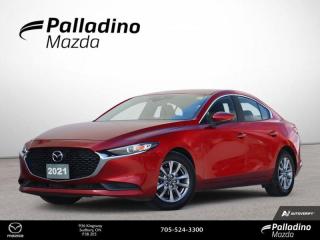 <b>Lane Keep Assist,  Heated Steering Wheel,  Heated Seats,  Aluminum Wheels,  Distance Pacing Cruise!</b><br> <br>    Innovative performance isnt just about power  its about an engaging, responsive drive that connects you to the road. This  2021 Mazda Mazda3 is fresh on our lot in Sudbury. <br> <br>Like all Mazdas, this 2021 Mazda3 was built with one thing in mind: you. Born from our obsession with creating beautiful vehicles and expressed through our design language called Kodo: which means Soul of Motion Mazda aimed to capture movement, even while standing still. Stepping inside its elegant and airy cabin, youll feel right at home with ultra comfortable seats, a perfectly positioned steering wheel, and top notch technology for the modern era.This  sedan has 62,297 kms. Its  soul red crystal metallic in colour  . It has an automatic transmission and is powered by a  2.5L I4 16V GDI DOHC engine.  This unit has some remaining factory warranty for added peace of mind. <br> <br> Our Mazda3s trim level is GS. Upgrading to this Mazda3 GS is a great choice as it offers more safety and convenience with features such as a heated leather steering wheel, lane keep assist, a Smart City brake system, automatic dual zone climate control and distance pacing cruise control. Additional features include a large 8.8 inch colour touchscreen with Mazda Connect, Apple CarPlay and Android Auto, heated front seats, stylish aluminum wheels and LED lights. You will also get a blind spot monitoring system with rear cross traffic alert, Mazda Harmonic Acoustics stereo with 8 speakers, a proximity key for push button start and a 60-40 split rear seat to make loading cargo a breeze. This vehicle has been upgraded with the following features: Lane Keep Assist,  Heated Steering Wheel,  Heated Seats,  Aluminum Wheels,  Distance Pacing Cruise,  Blind Spot Monitoring,  Apple Carplay. <br> <br>To apply right now for financing use this link : <a href=https://www.palladinomazda.ca/finance/ target=_blank>https://www.palladinomazda.ca/finance/</a><br><br> <br/><br>Palladino Mazda in Sudbury Ontario is your ultimate resource for new Mazda vehicles and used Mazda vehicles. We not only offer our clients a large selection of top quality, affordable Mazda models, but we do so with uncompromising customer service and professionalism. We takes pride in representing one of Canadas premier automotive brands. Mazda models lead the way in terms of affordability, reliability, performance, and fuel efficiency.The advertised price is for financing purchases only. All cash purchases will be subject to an additional surcharge of $2,501.00. This advertised price also does not include taxes and licensing fees.<br> Come by and check out our fleet of 90+ used cars and trucks and 90+ new cars and trucks for sale in Sudbury.  o~o
