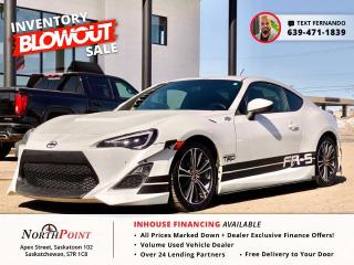 2013 Scion FR-S BASE for Sale in Saskatoon, SK PRICE REDUCTION ALERT!!! ON SALE NOW!! GET APPROVED ONLINE OR TEXT 639-471-1839 (FERNANDO  GENERAL MANAGER) <br/> Unlock pure driving pleasure with the 2013 Scion FR-S Base, now available at North Point Auto Sales in Saskatoon. This rear-wheel-drive sports coupe is engineered for enthusiasts, offering a balanced and engaging driving experience. Key features include a potent 2.0L boxer engine paired with a precise 6-speed manual transmission, ensuring exhilarating performance and handling. The FR-Ss sleek and aerodynamic design is not only eye-catching but also enhances its agility and speed. Inside, the cabin is equipped with sports seats and a driver-focused layout, making every drive an event. At North Point Auto Sales, we understand the importance of flexibility, which is why we offer customizable financing options, including in-house financing, to help you get behind the wheel of your dream car. Visit us in Saskatoon today to take the first step towards owning the thrilling 2013 Scion FR-S Base. #ScionFRS #NorthPointAutoSales #Saskatoon #SportsCar <br/> STOCK # SS0065 <br/> Looking for used car Financing in Saskatoon?    GET PRE APPROVED ONLINE TODAY!   <br/> ****** IN HOUSE FINANCING AVAILABLE ******* <br/> Over 25 lending partners on site <br/> Free Delivery anywhere in Western Canada <br/> Full Vehicle History Disclosure <br/> Dealer Exclusive Financing Incentives(O.A.C) <br/> We Take anything on Trade  Powersports , Boats, RV. <br/> This vehicle qualifies for Special Low % Financing <br/> NORTH POINT AUTO SALES in Saskatoon. <br/> Call or Text Fernando (639) 471-1839 (General Manager) <br/>             <br/>            www.northpointautosales.ca  <br/> *Conditions Apply. Contact Dealer for Details.  <br/> Looking for the best selection of quality used cars in Saskatoon? Look no further than North Point Auto Sales! Our extensive inventory features a diverse range of meticulously inspected vehicles, ensuring you get the reliable and safe ride you deserve. At North Point, we believe in transparent and fair pricing. Our competitive prices reflect the true value of our vehicles, giving you peace of mind that youre making a smart investment. What sets us apart is our dedicated team of automotive experts. With years of experience, theyre passionate about helping you find the perfect vehicle that fits your lifestyle and budget. Plus, we work with a network of trusted lenders to provide you with flexible financing options. We take pride in our commitment to customer satisfaction. Our service doesnt end after the sale. Were here to support you with any questions or concerns, ensuring you have a seamless ownership experience. Located right here in Saskatoon, we understand the unique needs of the local community. Our deep knowledge of the market allows us to provide you with the best possible service. Visit us today at 102 Apex Street, Saskatoon, SK and experience the North Point Auto Sales difference for yourself. Drive away in a vehicle youll love, knowing you made the right choice with North Point! <br/>
