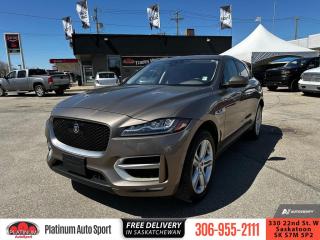 <b>Sunroof,  Bluetooth,  Premium Sound Package,  Rear View Camera,  Steering Wheel Audio Control!</b><br> <br>    If youre looking for a luxury SUV that stands out from the crowd this striking Jaguar F-Pace is hard to ignore. This  2017 Jaguar F-Pace is for sale today. <br> <br>This F-Pace takes the pure Jaguar DNA of legendary performance, handling and luxury. Then it adds space and practicality. Technologically advanced to the core, this F-Pace is the most practical Jaguar sports vehicle. It combines enhanced driving exhilaration with adeptness. All enhanced by technologies that improve your driving experience and keep you connected. It has the capability for every road and the capacity for every day. This F-Pace is a Jaguar for you, a Jaguar for your family. This  SUV has 93,575 kms. Its  beige in colour  . It has a 8 speed automatic transmission and is powered by a  340HP 3.0L V6 Cylinder Engine.  <br> <br> Our F-Paces trim level is 35t R-Sport. The R-Sport trim adds some sporty attitude to this luxury SUV. It comes with an R-Sport body kit, adaptive LED headlights, autonomous emergency braking, lane keep assist, blind spot assist, a sliding panoramic roof, aluminum wheels, an 8-inch touchscreen display with Bluetooth, a rearview camera, Meridian premium audio, a leather-wrapped steering wheel with audio and cruise control, and more. This vehicle has been upgraded with the following features: Sunroof,  Bluetooth,  Premium Sound Package,  Rear View Camera,  Steering Wheel Audio Control,  Aluminum Wheels. <br> <br>To apply right now for financing use this link : <a href=https://www.platinumautosport.com/credit-application/ target=_blank>https://www.platinumautosport.com/credit-application/</a><br><br> <br/><br> Buy this vehicle now for the lowest bi-weekly payment of <b>$222.15</b> with $0 down for 84 months @ 5.99% APR O.A.C. ( Plus applicable taxes -  Plus applicable fees   ).  See dealer for details. <br> <br><br> We know that you have high expectations, and as car dealers, we enjoy the challenge of meeting and exceeding those standards each and every time. Allow us to demonstrate our commitment to excellence! </br>

<br> As your one stop shop for quality pre owned vehicles and hassle free auto financing in Saskatoon, we provide the following offers & incentives for our valued clients in Saskatchewan, Alberta & Manitoba. </br> o~o