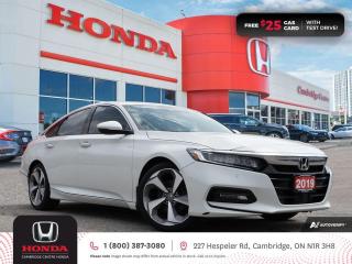 <p><strong>GREAT VEHICLE! ONE PREVIOUS OWNER! IN EXCELLENT SHAPE! </strong>2019 Honda Accord Touring featuring CVT transmission, five passenger seating, power sunroof, proximity key entry, push button start, wireless charging, Apple CarPlay and Android Auto connectivity, Sirius XM satellite radio equipped, GPS Navigation, Wireless charging, Siri® Eyes Free compatibility, Honda LaneWatch blind spot display, Bluetooth, AM/FM audio system with two USB inputs, steering wheel mounted controls, cruise control, air conditioning, dual climate zones, heated front seats, rearview camera with dynamic guidelines, 12V power outlet, power mirrors, power locks, power windows, LED fog lights, LED headlights high and low beam, The Honda Sensing Technologies - Adaptive Cruise Control, Forward Collision Warning system, Collision Mitigation Braking system, Lane Departure Warning system, Lane Keeping Assist system and Road Departure Mitigation system, Brake Assist, remote keyless entry, electronic stability control and anti-lock braking system. Contact Cambridge Centre Honda for special discounted finance rates, as low as 8.99%, on approved credit from Honda Financial Services.</p>

<p><span style=color:#ff0000><strong>FREE $25 GAS CARD WITH TEST DRIVE!</strong></span></p>

<p>Our philosophy is simple. We believe that buying and owning a car should be easy, enjoyable and transparent. Welcome to the Cambridge Centre Honda Family! Cambridge Centre Honda proudly serves customers from Cambridge, Kitchener, Waterloo, Brantford, Hamilton, Waterford, Brant, Woodstock, Paris, Branchton, Preston, Hespeler, Galt, Puslinch, Morriston, Roseville, Plattsville, New Hamburg, Baden, Tavistock, Stratford, Wellesley, St. Clements, St. Jacobs, Elmira, Breslau, Guelph, Fergus, Elora, Rockwood, Halton Hills, Georgetown, Milton and all across Ontario!</p>