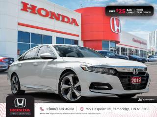 <p><strong>HONDA CERTIFIED USED VEHICLE! ONE PREVIOUS OWNER! IN EXCELLENT SHAPE! </strong>2019 Honda Accord Touring featuring CVT transmission, five passenger seating, power sunroof, proximity key entry, push button start, wireless charging, Apple CarPlay and Android Auto connectivity, Sirius XM satellite radio equipped, GPS Navigation, Wireless charging, Siri® Eyes Free compatibility, Honda LaneWatch blind spot display, Bluetooth, AM/FM audio system with two USB inputs, steering wheel mounted controls, cruise control, air conditioning, dual climate zones, heated front seats, rearview camera with dynamic guidelines, 12V power outlet, power mirrors, power locks, power windows, LED fog lights, LED headlights high and low beam, The Honda Sensing Technologies - Adaptive Cruise Control, Forward Collision Warning system, Collision Mitigation Braking system, Lane Departure Warning system, Lane Keeping Assist system and Road Departure Mitigation system, Brake Assist, remote keyless entry, electronic stability control and anti-lock braking system. Contact Cambridge Centre Honda for special discounted finance rates, as low as 8.99%, on approved credit from Honda Financial Services.</p>

<p><span style=color:#ff0000><strong>FREE $25 GAS CARD WITH TEST DRIVE!</strong></span></p>

<p>Our philosophy is simple. We believe that buying and owning a car should be easy, enjoyable and transparent. Welcome to the Cambridge Centre Honda Family! Cambridge Centre Honda proudly serves customers from Cambridge, Kitchener, Waterloo, Brantford, Hamilton, Waterford, Brant, Woodstock, Paris, Branchton, Preston, Hespeler, Galt, Puslinch, Morriston, Roseville, Plattsville, New Hamburg, Baden, Tavistock, Stratford, Wellesley, St. Clements, St. Jacobs, Elmira, Breslau, Guelph, Fergus, Elora, Rockwood, Halton Hills, Georgetown, Milton and all across Ontario!</p>