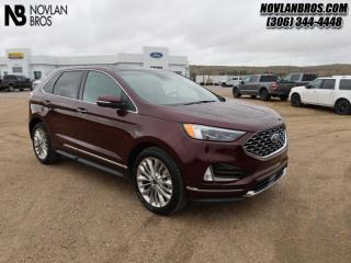 <b>Heated Seats, Connected Navigation, Sunroof, Titanium Elite App Package, Navigation!</b><br> <br> Check out our great inventory of pre-owned vehicles at Novlan Brothers!<br> <br>   Change the game with the unique styling of the aggressive Ford Edge. This  2021 Ford Edge is for sale today in Paradise Hill. <br> <br>With impressive attention to detail, the Ford Edge seamlessly integrates power, performance and handling with awesome technology to help you multitask your way through the challenges that life throws your way. Made for an active lifestyle and spontaneous getaways, the Ford Edge is as rough and tumble as you are. Push the boundaries and stay connected to the road with this sweet ride!This  SUV has 62,012 kms. Its  burgundy velvet metallic tinted clearcoat in colour  . It has a 8 speed automatic transmission and is powered by a  250HP 2.0L 4 Cylinder Engine.  This unit has some remaining factory warranty for added peace of mind. <br> <br> Our Edges trim level is Titanium. Upgrading to this Ford Edge Titanium is a great choice as it comes loaded with an impressive list of features including unique aluminum wheels and exterior chrome trim, a 12 speaker Bang & Olufsen sound system, a power rear liftgate, power and heated leather seats, FordPass Connect with a 4G LTE hotspot, a 12 inch touchscreen featuring SYNC 4, wireless Apple CarPlay and Android Auto, a leather wrapped steering wheel with power tilt controls, dual zone automatic climate control and remote keyless entry. For added safety and convenience, you will also get Ford Co-Pilot360 with blind spot assist, lane keep assist, automatic emergency braking, lane departure warning, a proximity key for push button start, automatic headlights, front fog lights, a remote start and a rear view camera with rear parking sensors. This vehicle has been upgraded with the following features: Heated Seats, Connected Navigation, Sunroof, Titanium Elite App Package, Navigation, Leather Interior, Reverse Sense System. <br> To view the original window sticker for this vehicle view this <a href=http://www.windowsticker.forddirect.com/windowsticker.pdf?vin=2FMPK4K9XMBA27542 target=_blank>http://www.windowsticker.forddirect.com/windowsticker.pdf?vin=2FMPK4K9XMBA27542</a>. <br/><br> <br>To apply right now for financing use this link : <a href=http://novlanbros.com/credit/ target=_blank>http://novlanbros.com/credit/</a><br><br> <br/><br> Payments from <b>$591.89</b> monthly with $0 down for 84 months @ 8.99% APR O.A.C. ( Plus applicable taxes -  Plus applicable fees   ).  See dealer for details. <br> <br>The Novlan family is owned and operated by a third generation and committed to the values inherent from our humble beginnings.<br> Come by and check out our fleet of 30+ used cars and trucks and 40+ new cars and trucks for sale in Paradise Hill.  o~o