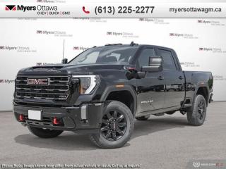<b>CERTIFIED</b><br>  <br> <br>  Take on the most arduous of tasks with this incredibly potent 2024 GMC 2500HD. <br> <br>This 2024 GMC 2500HD is highly configurable work truck that can haul a colossal amount of weight thanks to its potent drivetrain. This truck also offers amazing interior features that nestle occupants in comfort and luxury, with a great selection of tech features. For heavy-duty activities and even long-haul trips, the 2500HD is all the truck youll ever need.<br> <br> This onyx black sought after diesel crew cab 4X4 pickup   has an automatic transmission and is powered by a  470HP 6.6L 8 Cylinder Engine.<br> <br> Our Sierra 2500HDs trim level is AT4. Get ready to shred with this Sierra HD AT4, complete with an off-road suspension package, skid plates, hill descent control, red recovery hooks, a spray on bedliner and a blacked-out front grille. This sweet truck also comes with leather cooled seats, power adjustable pedals with memory settings, a heavy-duty locking rear differential, signature LED lighting, a larger 8 inch touchscreen premium infotainment system with wireless Apple CarPlay, Android Auto and 4G LTE capability, stylish aluminum wheels, remote keyless entry and a remote engine start, a CornerStep rear bumper and cargo tie downs hooks with LED box lighting. Additionally, this truck also comes with a useful rear vision camera with hitch guidance, a leather wrapped steering wheel with audio controls, and a ProGrade trailering system with an integrated brake controller.<br><br> <br>To apply right now for financing use this link : <a href=https://creditonline.dealertrack.ca/Web/Default.aspx?Token=b35bf617-8dfe-4a3a-b6ae-b4e858efb71d&Lang=en target=_blank>https://creditonline.dealertrack.ca/Web/Default.aspx?Token=b35bf617-8dfe-4a3a-b6ae-b4e858efb71d&Lang=en</a><br><br> <br/>    5.49% financing for 84 months.  Incentives expire 2024-05-31.  See dealer for details. <br> <br><br> Come by and check out our fleet of 40+ used cars and trucks and 140+ new cars and trucks for sale in Ottawa.  o~o