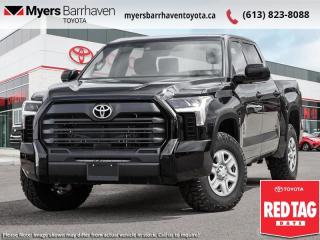 <b>Navigation,  Apple CarPlay,  Android Auto,  Adaptive Cruise Control,  Lane Keep Assist!</b><br> <br> <br> <br>TEXT US DIRECTLY FOR MORE INFORMATION AT 613-704-7598.<br> <br>  This 2024 Tundra is the toughest, most capable and advanced truck Toyota has ever made. <br> <br>This 2024 Toyota Tundra is proof that bold can be beautiful, and with an enormous towing capacity the Tundra keeps proving itself to be one of the best pickup trucks on the market. It offers dynamic performance in all of the right places and comes loaded with its innovative tech features, extraordinary driving performance with unheard of fuel economy. The Toyota Tundra perfectly blends functionality and practicality, with a spacious cabin that gives you and your crew enough room to stretch out with premium materials that creates a distinctively upscale feel.<br> <br> This midnight black metallic Crew Cab 4X4 pickup   has an automatic transmission and is powered by a   3.4L V6 Cylinder Engine.<br> <br> Our Tundras trim level is SR. This rugged and dependable Tundra SR comes fitted with amazing standard features such as class IV towing equipment with hitch and trailer sway control, trailer wiring harness, a full-size spare tire with underbody storage, adaptive cruise control, automatic air conditioning, and an 8-inch infotainment screen powered by Toyota Multimedia, with wireless Apple CarPlay and Android Auto, SiriusXM streaming radio, and Drive Connect with cloud navigation and Destination Assist. Safety features include lane keeping assist, lane departure warning, forward collision mitigation with a pre-collision system, driver monitoring alert, and a rear camera. Additional features include front and rear cupholders, proximity keyless entry with push button start, 60-40 folding split-bench rear seats, and so much more. This vehicle has been upgraded with the following features: Navigation,  Apple Carplay,  Android Auto,  Adaptive Cruise Control,  Lane Keep Assist,  Lane Departure Warning,  Forward Collision Alert. <br><br> <br>To apply right now for financing use this link : <a href=https://www.myersbarrhaventoyota.ca/quick-approval/ target=_blank>https://www.myersbarrhaventoyota.ca/quick-approval/</a><br><br> <br/>    6.59% financing for 84 months. <br> Buy this vehicle now for the lowest bi-weekly payment of <b>$431.99</b> with $0 down for 84 months @ 6.59% APR O.A.C. ( Plus applicable taxes -  Plus applicable fees   ).  Incentives expire 2024-05-31.  See dealer for details. <br> <br>At Myers Barrhaven Toyota we pride ourselves in offering highly desirable pre-owned vehicles. We truly hand pick all our vehicles to offer only the best vehicles to our customers. No two used cars are alike, this is why we have our trained Toyota technicians highly scrutinize all our trade ins and purchases to ensure we can put the Myers seal of approval. Every year we evaluate 1000s of vehicles and only 10-15% meet the Myers Barrhaven Toyota standards. At the end of the day we have mutual interest in selling only the best as we back all our pre-owned vehicles with the Myers *LIFETIME ENGINE TRANSMISSION warranty. Thats right *LIFETIME ENGINE TRANSMISSION warranty, were in this together! If we dont have what youre looking for not to worry, our experienced buyer can help you find the car of your dreams! Ever heard of getting top dollar for your trade but not really sure if you were? Here we leave nothing to chance, every trade-in we appraise goes up onto a live online auction and we get buyers coast to coast and in the USA trying to bid for your trade. This means we simultaneously expose your car to 1000s of buyers to get you top trade in value. <br>We service all makes and models in our new state of the art facility where you can enjoy the convenience of our onsite restaurant, service loaners, shuttle van, free Wi-Fi, Enterprise Rent-A-Car, on-site tire storage and complementary drink. Come see why many Toyota owners are making the switch to Myers Barrhaven Toyota. <br>*LIFETIME ENGINE TRANSMISSION WARRANTY NOT AVAILABLE ON VEHICLES WITH KMS EXCEEDING 140,000KM OR HIGHLINE BRAND VEHICLE(eg. BMW, INFINITI. CADILLAC, LEXUS...) o~o