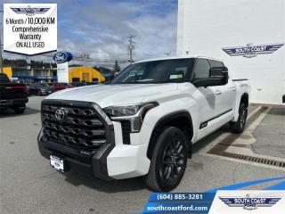 <b>Low Mileage, Sunroof,  Head Up Display,  Cooled Seats,  Wireless Charging,  Leather Seats!</b><br> <br> <p style=color:Blue;><b>Upgrade your ride at South Coast Ford with peace of mind! Our used vehicles come with a minimum of 10,000 km and 6 months of Comprehensive Vehicle Warranty. Drive with confidence knowing your investment is protected.</b></p><br> <br> Compare at $72090 - Our Price is just $69990! <br> <br>   The Tundras rugged exterior and capable powertrain is guaranteed to get the job done. This  2022 Toyota Tundra is fresh on our lot in Sechelt. <br> <br>This 2022 Toyota Tundra features a dramatic redesign from the ground up, with a bold exterior and beefy yet sophisticated mechanical underpinnings. It offers dynamic performance, thanks to its thoroughly revised powerplant, and comes loaded with innovative tech features. The Toyota Tundra perfectly blends functionality and practicality, with a spacious cabin that gives you and your crew enough room to stretch out with premium materials that creates a distinctively upscale feel.This low mileage  Crew Cab 4X4 pickup  has just 16,516 kms. Its  white in colour  . It has a 10 speed automatic transmission and is powered by a   3.4L V6 Cylinder Engine. <br> <br> Our Tundras trim level is Platinum. Stepping up to this Tundra Platinum delivers beyond your expectations, with cutting edge technology, exclusive aluminum wheels, premium leather heated and cooled seats, a panoramic sunroof, massive 14 inch touchscreen thats paired with premium JBL audio, wireless Apple CarPlay and Android Auto, wireless charging, Toyota Multimedia, and proximity keyless entry. This top of the line truck also includes a heated leather steering wheel, a digital rear view mirror, heads up display, advanced LED headlights and fog lights, a birds-eye-view 360 camera, a heavy-duty trailer hitch receiver, an easy lower & lift tailgate, and Toyota Safety Sense 2.5 technology which adds blind spot detection, forward collision warning, intuitive park assist, lane departure alert with edge detection and steering assist, dynamic radar cruise control and so much more! This vehicle has been upgraded with the following features: Sunroof,  Head Up Display,  Cooled Seats,  Wireless Charging,  Leather Seats,  Premium Audio,  Heated Steering Wheel. <br> <br>To apply right now for financing use this link : <a href=https://www.southcoastford.com/financing/ target=_blank>https://www.southcoastford.com/financing/</a><br><br> <br/><br>Call South Coast Ford Sales or come visit us in person. Were convenient to Sechelt, BC and located at 5606 Wharf Avenue. and look forward to helping you with your automotive needs.<br><br> Come by and check out our fleet of 20+ used cars and trucks and 100+ new cars and trucks for sale in Sechelt.  o~o