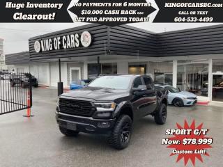 2023 RAM 1500 SPORT G/T ETORQUE NIGHT EDITION 4X46 BDS LIFT -- 37S ON 22 FUEL WHEELS -- FOX SHOCKS -- MATCHING FENDER FLARESG/T PACKAGE, NIGHT EDITION, MOPAR COLD AIR INTAKE SYSTEM, PASSIVE COLD END EXHAUST, 3.92 REAR AXLE RATION, PANORAMIC SUNROOF, G/T LEATHER SEATS, BACK UP CAMERA, NAVIGATION, HEATED & COOLED SEATS, HEATED STEERING WHEEL, HEATED REAR SEATS, POWER MEMORY SEATS, ALPINE SOUND SYSTEM, PADDLE SHIFTERS, CONSOLE SHIFT, WIRELESS PHONE CHARGER, REMOTE STARTER, KEYLESS GO, PUSH START, AUTOMATIC EMERGENCY BRAKING, AUTO STOP & GO, APPLE CARPLAY, ANDROID AUTO, FRONT & REAR PARKING SENSORS, BLIND SPOT DETECTION, POWER FOLDING MIRRORS, POWER ADJUSTABLE FOOT PEDALS, LED HEADLIGHTS, DIGITAL DRIVER DISPLAY, TRAILER BRAKE CONTROLBALANCE OF RAM FACTORY WARRANTYCALL US TODAY FOR MORE INFORMATION604 533 4499 OR TEXT US AT 604 360 0123GO TO KINGOFCARSBC.COM AND APPLY FOR A FREE-------- PRE APPROVAL -------STOCK # P214988PLUS ADMINISTRATION FEE OF $895 AND TAXESDEALER # 31301all finance options are subject to ....oac...