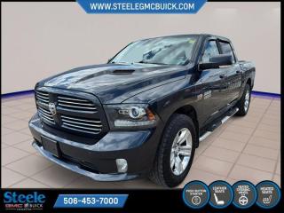 New Price!Maximum Steel Metallic Clearcoat 2017 Ram 1500 Sport | FOR SALE IN STEELE GMC FREDERICTON | 4WD 8-Speed Automatic HEMI 5.7L V8 VVT* Market Value Pricing *, 115-Volt Auxiliary Power Outlet, 121-Litre (26.6-Gallon) Fuel Tank, 4 Adjustable Cargo Tie-Down Hooks, 4-Corner Air Suspension, 4-Wheel Disc Brakes, 6 Speakers, 8.4 Touchscreen, 9 Alpine Speakers w/Subwoofer, A/C w/Dual-Zone Automatic Temperature Control, ABS brakes, Air Conditioning, Alloy wheels, AM/FM radio: SiriusXM, Auto-dimming door mirrors, Auto-dimming Rear-View mirror, Automatic High Beam Headlamp Control, Bed Cargo Divider/Extender, Brake assist, Bucket Seats, Bumpers: body-colour, Class IV Hitch Receiver, Cloth Front Bucket w/Vinyl Bolsters, Compass, Convenience Group, Delay-off headlights, Driver door bin, Driver vanity mirror, Dual front impact airbags, Dual front side impact airbags, Electronic Stability Control, Exterior Mirrors w/Courtesy Lamps, Exterior Mirrors w/Heating Element, Exterior Mirrors w/Turn Signals, Front anti-roll bar, Front Bucket Seats, Front fog lights, Front reading lights, Front wheel independent suspension, Full-Length Upgraded Floor Console, Fully automatic headlights, Garage door transmitter: HomeLink, GPS Antenna Input, GPS Navigation, Hands-Free Comm w/Bluetooth, Heated door mirrors, High-Back Seats, Humidity Sensor, Illuminated entry, Keyless Enter N Go w/Push Start, Leather steering wheel, Low tire pressure warning, Media Hub w/USB & Aux Input Jack, Occupant sensing airbag, Outside temperature display, Overhead airbag, Overhead console, Park-Sense Front/Rear Park Assist System, Passenger door bin, Passenger vanity mirror, Pickup Box Lighting, Power door mirrors, Power driver seat, Power Lumbar Adjust, Power steering, Power Sunroof, Power windows, Quick Order Package 26L Sport, Radio data system, Radio: Uconnect 3C Nav w/8.4 Display, Radio: Uconnect 3C w/8.4 Display, Rain-Sensing Windshield Wipers, RamBox Cargo Management System, Rear 60/40 Split Folding Seat, Rear anti-roll bar, Rear step bumper, Rear Window Defroster, Remote keyless entry, Remote Proximity Keyless Entry, Single-Disc Remote CD Player, SiriusXM Satellite Radio, Split folding rear seat, Sport Performance Hood, Sport Premium Group, Spray-In Bedliner, Steering wheel mounted audio controls, Tachometer, Tilt steering wheel, Traction control, Trip computer, Turn signal indicator mirrors, Voltmeter.Certification Program Details: 80 Point Inspection Fresh Oil Change Full Vehicle Detail Full tank of Gas 2 Years Fresh MVI Brake through InspectionSteele GMC Buick Fredericton offers the full selection of GMC Trucks including the Canyon, Sierra 1500, Sierra 2500HD & Sierra 3500HD in addition to our other new GMC and new Buick sedans and SUVs. Our Finance Department at Steele GMC Buick are well-versed in dealing with every type of credit situation, including past bankruptcy, so all customers can have confidence when shopping with us!Steele Auto Group is the most diversified group of automobile dealerships in Atlantic Canada, with 47 dealerships selling 27 brands and an employee base of well over 2300.