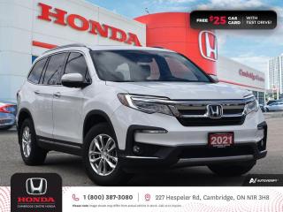 <p><strong>NEW COMPREHENSIVE WARRANTY INCLUDED & VALID TO 12/02/2024 OR 80,000 KMS! GREAT SEVEN PASSENGER VEHICLE! IN EXCELLENT SHAPE! TEST DRIVE TODAY!</strong> 2021 Honda Pilot Touring 7P featuring nine speed automatic transmission, seven passenger seating, power sunroof, remote engine starter, rearview camera with dynamic guidelines, Apple CarPlay and Android Auto connectivity, Siri® Eyes Free compatibility, GPS navigation, SiriusXM Satellite radio equipped, Honda Blu-ray Rear Entertainment System, ECON mode, Bluetooth, AM/FM audio system with two USB inputs, wireless charging, steering wheel mounted controls, cruise control, air conditioning, dual climate zones, heated front seats, 12V power outlet, idle stop, power mirrors, power locks, power windows, 60/40 split fold-down rear seatback, Anchors and Tethers for Children (LATCH), The Honda Sensing Technologies - Adaptive Cruise Control, Forward Collision Warning system, Collision Mitigation Braking system, Lane Departure Warning system, Lane Keeping Assist system and Road Departure Mitigation system, Rear Cross Traffic Monitor system, remote keyless entry with trunk release, auto on/off headlights, LED brake lights, LED tail lights, electronic stability control and anti-lock braking system. Contact Cambridge Centre Honda for special discounted finance rates, as low as 8.99%, on approved credit from Honda Financial Services.<strong><span style=color:#ff0000> </span></strong></p>

<p><strong><span style=color:#ff0000>FREE $25 GAS CARD WITH TEST DRIVE!</span></strong></p>

<p>Our philosophy is simple. We believe that buying and owning a car should be easy, enjoyable and transparent. Welcome to the Cambridge Centre Honda Family! Cambridge Centre Honda proudly serves customers from Cambridge, Kitchener, Waterloo, Brantford, Hamilton, Waterford, Brant, Woodstock, Paris, Branchton, Preston, Hespeler, Galt, Puslinch, Morriston, Roseville, Plattsville, New Hamburg, Baden, Tavistock, Stratford, Wellesley, St. Clements, St. Jacobs, Elmira, Breslau, Guelph, Fergus, Elora, Rockwood, Halton Hills, Georgetown, Milton and all across Ontario!</p>