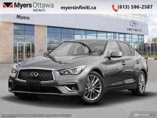 <b>Sunroof,  Remote Start,  Bose Performance Audio,  Power Liftgate,  Heated Seats!</b><br> <br> <br> <br>  This 2024 Infiniti Q50 is an undeniably beautiful and delightfully quick sports saloon. <br> <br>This gorgeous Infiniti Q50 is a meticulously engineered sports sedan, built with fun and comfort in mind. Impressive technology, adequate ergonomics and stellar dynamics make this Q50 a strong contender in this competitive vehicle class. Also bundled with cutting edge driver-assistive and safety systems, this 2024 Infiniti Q50 checks all the boxes and remains a desirable and versatile sports sedan.<br> <br> This graphite shadow sedan  has an automatic transmission and is powered by a  300HP 3.0L V6 Cylinder Engine.<br> <br> Our Q50s trim level is LUXE. This Q50 has all the cool tech you need with Infiniti InTouch dual display infotainment with wireless Apple CarPlay and Android Auto, Siri EyesFree, Bluetooth hands free phone assistant, Wi-Fi, and streaming audio. Convenience features include heated seats and steering wheel, power liftgate, synthetic leather upholstery, and forward emergency braking. The exterior features chrome exhaust tips, alloy wheels, chrome trim and grille, rain sensing wipers, automatic LED lighting with fog lamps, and stylish perimeter approach lights. This Luxe trim adds a sunroof, Bose Performance Audio, distance pacing, remote start, parking sensors, blind spot warning, and a 360 degree parking camera. This vehicle has been upgraded with the following features: Sunroof,  Remote Start,  Bose Performance Audio,  Power Liftgate,  Heated Seats,  Heated Steering Wheel,  Android Auto. <br><br> <br>To apply right now for financing use this link : <a href=https://www.myersinfiniti.ca/finance/ target=_blank>https://www.myersinfiniti.ca/finance/</a><br><br> <br/><br> Buy this vehicle now for the lowest bi-weekly payment of <b>$510.37</b> with $0 down for 84 months @ 11.00% APR O.A.C. ( taxes included, $821  and licensing fees    ).  See dealer for details. <br> <br><br> Come by and check out our fleet of 40+ used cars and trucks and 90+ new cars and trucks for sale in Ottawa.  o~o