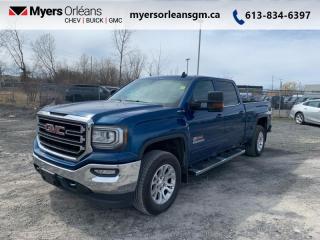 <b>Rear View Camera,  Bluetooth,  Remote Keyless Entry,  Power Windows,  Touch Screen!</b><br> <br>    This 2018 Sierra 1500 pickup truck sets a higher standard, with purposeful technology inside and out to help you stay connected and always in control. This  2018 GMC Sierra 1500 is fresh on our lot in Orleans. <br> <br>This 2018 GMC Sierras expertly crafted body and premium materials form a striking appearance inside and out. Thanks to its stunning GMC Signature LED lighting that further enhance its bold and advanced design, this Sierra offers a Professional Grade truck thats built for anything you put in front of it. One look inside this handsome truck and youll find premium materials such as a soft-touch instrument panel, superior comfort in its seats, and advanced safety features making the Sierra, an all around complete package. This  Crew Cab 4X4 pickup  has 76,416 kms. Its  blue in colour  . It has an automatic transmission and is powered by a  355HP 5.3L 8 Cylinder Engine.  It may have some remaining factory warranty, please check with dealer for details. <br> <br> Our Sierra 1500s trim level is SLE. Moving a step above the base Sierra, this GMC 1500 SLE is well worth the extra money and includes many useful features. These extras include aluminum wheels, an EZ lift and lower tailgate, 8 inch colour touchscreen with bluetooth audio streaming and a rear vision camera, an upgraded stereo, remote keyless entry and power windows.  This vehicle has been upgraded with the following features: Rear View Camera,  Bluetooth,  Remote Keyless Entry,  Power Windows,  Touch Screen,  Cruise Control. <br> <br>To apply right now for financing use this link : <a href=https://www.myersorleansgm.ca/FinancePreQualForm target=_blank>https://www.myersorleansgm.ca/FinancePreQualForm</a><br><br> <br/><br> Buy this vehicle now for the lowest bi-weekly payment of <b>$258.06</b> with $0 down for 72 months @ 9.99% APR O.A.C. ( Plus applicable taxes -  Plus applicable fees   ).  See dealer for details. <br> <br>*MYERS LIFETIME ENGINE AND TRANSMISSION COVERAGE CERTIFICATE NOT AVAILABLE ON VEHICLES WITH KMS EXCEEDING 140,000KM, VEHICLES 8 YEARS & OLDER, OR HIGHLINE BRAND VEHICLE(eg. BMW, INFINITI. CADILLAC, LEXUS...)<br> Come by and check out our fleet of 20+ used cars and trucks and 180+ new cars and trucks for sale in Orleans.  o~o