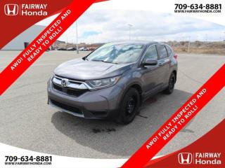 Awards:* Motor Trend Canada Automobiles of the yearOdometer is 33201 kilometers below market average! Modern Steel Metallic 2018 Honda CR-V LX AWD! FULLY INSPECTED AND READY TO ROLL! AWD CVT 1.5L I4 Turbocharged DOHC 16V LEV3-ULEV70 190hp*Professionally Detailed*, *Market Value Pricing*, AWD, 17 Aluminum Alloy Wheels, 4 Speakers, 4-Wheel Disc Brakes, ABS brakes, Air Conditioning, AM/FM radio, Apple CarPlay/Android Auto, Auto High-beam Headlights, Automatic temperature control, Brake assist, Bumpers: body-colour, Delay-off headlights, Driver door bin, Driver vanity mirror, Dual front impact airbags, Dual front side impact airbags, Electronic Stability Control, Exterior Parking Camera Rear, Fabric Seating Surfaces, Forward collision: Collision Mitigation Braking System (CMBS) + FCW mitigation, Four wheel independent suspension, Front anti-roll bar, Front dual zone A/C, Front reading lights, Fully automatic headlights, Heated door mirrors, Heated Front Bucket Seats, Illuminated entry, Lane departure: Lane Keeping Assist System (LKAS) active, Low tire pressure warning, Occupant sensing airbag, Outside temperature display, Overhead airbag, Overhead console, Panic alarm, Passenger door bin, Passenger vanity mirror, Power door mirrors, Power steering, Power windows, Radio data system, Radio: 160-Watt AM/FM Audio System, Rear anti-roll bar, Rear window defroster, Rear window wiper, Remote keyless entry, Security system, Speed control, Speed-sensing steering, Split folding rear seat, Spoiler, Steering wheel mounted audio controls, Tachometer, Telescoping steering wheel, Tilt steering wheel, Traction control, Trip computer.Certification Program Details: 85 Point Inspection Top Up Fluids Brake Inspection Tire Inspection Fresh 2 Year MVI Fresh Oil ChangeFairway Honda - Community Driven!