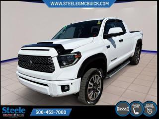 Recent Arrival!Super White 2019 Toyota Tundra TRD | FOR SALE IN FREDERICTON | 4WD 6-Speed Automatic 5.7L V8 SMPI DOHC 32V4WD, Black w/Leather Seat Trim (LE), 20 Aluminum Alloy Wheels, 4-Wheel Disc Brakes, ABS brakes, Air Conditioning, Alloy wheels, AM/FM radio: SiriusXM, Anti-Theft System, Auto-Dimming Rear-View Mirror w/Compass, Brake assist, Bumpers: chrome, CD player, Clearance & Backup Sensors, Colour-Keyed Mirrors, Dual front impact airbags, Dual front side impact airbags, Electronic Stability Control, Exterior Parking Camera Rear, Front anti-roll bar, Front wheel independent suspension, Garage Door Opener, Heated door mirrors, Heated Front Bucket Seats, Heated front seats, Illuminated entry, Knee airbag, LED Headlamps & Fog Lamps, Low tire pressure warning, Occupant sensing airbag, Overhead airbag, Passenger door bin, Power door mirrors, Power driver seat, Power Sliding Rear Window, Power steering, Power windows, Rear step bumper, Regular Ride Suspension, Remote keyless entry, Speed-sensing steering, Split folding rear seat, Steering wheel mounted audio controls, Traction control, TRD Decals, TRD Shift Knob, TRD Sport-Tuned Bilstein Shock Absorbers, Trip computer, Tundra TRD Sport Package, Voltmeter.Certification Program Details: 80 Point Inspection Fresh Oil Change Full Vehicle Detail Full tank of Gas 2 Years Fresh MVI Brake through InspectionSteele GMC Buick Fredericton offers the full selection of GMC Trucks including the Canyon, Sierra 1500, Sierra 2500HD & Sierra 3500HD in addition to our other new GMC and new Buick sedans and SUVs. Our Finance Department at Steele GMC Buick are well-versed in dealing with every type of credit situation, including past bankruptcy, so all customers can have confidence when shopping with us!Steele Auto Group is the most diversified group of automobile dealerships in Atlantic Canada, with 47 dealerships selling 27 brands and an employee base of well over 2300.Awards:* JD Power Canada Vehicle Dependability Study (VDS) * ALG Canada Residual Value Awards, Residual Value Awards
