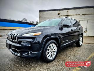 Make your driving experience exceptional with this dealer-maintained, accident free 2015 Jeep Cherokee Limited. With its distinctive and spacious design, this SUV combines comfort, versatility, and reliability. This Cherokee Limited model offers a perfect balance of performance and luxury, making it an ideal choice for families or those seeking a stylish and practical vehicle. <br/> <br/>  <br/> Loaded with Navigation, backup camera, cruise control, panoramic sunroof, remote start, leather seats, power adjustable heated seats, heated steering wheel, folding rear seats, push to Start/Stop, two sets of keys, remote keyless entry, Bluetooth, dual zone climate control, fog lights, roof rails, chrome wheels, towing hitch, weathertech mats and more. <br/> <br/>  <br/> Comes Safety Certified and 3 months warranty included <br/> <br/>  <br/> This Jeep Cherokee Limited is equipped with a powerful 3.2L V6 engine, delivering impressive performance while maintaining fuel efficiency. <br/> With its four-wheel-drive system, this Jeep Cherokee Limited ensures enhanced traction and stability, making it suitable for various weather and road conditions <br/> The suv boasts a comfortable and roomy interior that can accommodate up to five passengers. The luxurious leather upholstery provides a touch of elegance and durability. <br/> Link to Youtube walkaround video: <br/> https://www.youtube.com/watch?v=DBgcybU1pJc <br/> <br/>  <br/> This suv has been meticulously maintained and comes with a history report. It is in excellent condition, both mechanically and cosmetically, reflecting the care taken by the previous owner. <br/> Link to Carfax: <br/> https://vhr.carfax.ca/?id=uw/Y2862D4SbhPhWB19EFvJHH081Rl6W <br/> <br/>  <br/> Dont miss out on this opportunity to own a reliable, versatile, and stylish SUV. Contact us today to schedule a test drive and experience the exceptional features and performance of this 2015 Jeep Cherokee Limited. <br/> <br/>  <br/> Please call 705-826-6777 for appointments <br/> www.autorepublic.ca <br/> <br/>  <br/> Following warranty is included with no extra charge: <br/> Extendable and renewable warranty for 3 months or 3000kms covering Engine, Transmission, Trans-axle, Differentials, Transfer case, Turbo Charger, Seals and Gaskets, AC, Starter, Alternator, Steering System, Brake systems, Fuel Injection Systems, Electrical Systems. With coverage up to 2500$ limit per claim, with the ability to have the repairs done at any shop based on customer`s preference. <br/> <br/>  <br/> Available extended warranty up to 48 months <br/> <br/>  <br/> WE FINANCE EVERYONE. 100% APPROVAL (downpayment might be required) <br/> <br/>  <br/> Tax and Licensing extra <br/> <br/>  <br/> Trade-ins are welcome! <br/> <br/>  <br/> No Hidden Fees or Admin Fees! <br/> <br/>  <br/> Do not hesitate to contact us with any questions. <br/> <br/>  <br/> Electronic signing of the agreements and delivery of the vehicles to customer`s location is available too. <br/> <br/>  <br/> Please call us at 705/826/6777 for more details. <br/> www.autorepublic.ca <br/>