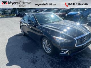 <b>Certified, Low Mileage, Sunroof,  Remote Start,  Bose Performance Audio,  Power Liftgate,  Heated Seats!</b><br> <br>  Compare at $46812 - Our Price is just $45449! <br> <br>   With infinite potential, this Q50 can be built to perfectly suit you. This  2022 INFINITI Q50 is fresh on our lot in Ottawa. <br> <br>When looking at the 2022 Infiniti Q50 few select words can be found to best describe it. Attention to detail, meticulously built, amazing style. The Q50 is a quality mid sized sedan that is a very strong competitor to the German rivals in its class. Thankfully, it rises above them with forward thinking safety and entertainment technologies, giving you a feel of the future in one of todays cars. This low mileage  sedan has just 14,856 kms and is a Certified Pre-Owned vehicle. Its  black in colour  . It has an automatic transmission and is powered by a  300HP 3.0L V6 Cylinder Engine.  And its got a certified used vehicle warranty for added peace of mind. <br> <br> Our Q50s trim level is LUXE. This Q50 has all the cool tech you need with Infiniti InTouch dual display infotainment with wireless Apple CarPlay and Android Auto, Siri EyesFree, Bluetooth hands free phone assistant, Wi-Fi, and streaming audio. On top of all that connectivity, is classic comfort in the form of heated seats and steering wheel, power liftgate, synthetic leather upholstery, and forward emergency braking. The exterior is equally next level with a chrome exhaust tip, alloy wheels, chrome trim and grille, rain sensing wipers, automatic LED lighting with fog lamps, and stylish perimeter approach lights. This Luxe trim adds a sunroof, Bose Performance Audio, distance pacing, remote start, parking sensors, blind spot warning, and a 360 degree parking camera. This vehicle has been upgraded with the following features: Sunroof,  Remote Start,  Bose Performance Audio,  Power Liftgate,  Heated Seats,  Heated Steering Wheel,  Android Auto. <br> <br>To apply right now for financing use this link : <a href=https://www.myersinfiniti.ca/finance/ target=_blank>https://www.myersinfiniti.ca/finance/</a><br><br> <br/>Rigorous Certification ProcessEvery CERTIFIED INFINITI vehicle gets an obsessively detailed inspection prior to earning the CERTIFIED status. An INFINITI-trained technician ensures the highest standards for each vehicle, in a 169-point inspection process.72-month/160,000km Warranty** In effect for period of 72 months or 160,000kms (whichever comes first) from the vehicles original in-service dateINFINITIs Warranty provides coverage for 72 months or 160,000kms (whichever comes first) from your vehicles original in-service date. Over 1900 components are covered including:Engine: Cylinder heads and block and all internal parts, rocker covers and oil pan, valvetrain and front cover, timing chain and tensioner, oil pump and fuel pump, fuel injectors, intake and exhaust manifolds and turbocharger, flywheel, seals and gasketsTransmission and Transfer Case: Case and all internal parts, torque converter and converter housing, automatic transmission control module, transfer case and all internal parts, seals and gaskets, and electronic transmission controlsDrivetrain: Drive shafts, final drive housing and all internal parts, propeller shafts, universal joints, bearings, seals and gaskets$0 Deductible: No deductibles for repairs covered under the Powertrain WarrantyCertified INFINITI BenefitsCertified INFINITI vehicles offer all the exciting performance, innovation and reliability of a INFINITI, with value and peace-of-mind at the heart of the experience. 72 month/160,000kms* WarrantyEasy Financing with INFINITI Financial Services24/7 Premium Roadside Assistance1Rental Vehicle AssistancePersonalized Trip PlanningSirius Satellite Radio Trial210 day/1,500km exchange promise1 In effect for period of 72 months or 160,000kms (whichever comes first) from the vehicles original in-service date2 Available on compatible modelsINFINITIs Executive Protection PlanCustomized Protection: Executive plans provide up to 96 months / 200,000kms1 of extended coverage.Talk to your INFINITI dealer about Executive Protection Plans on your Certified INFINITI.1 In effect for period of 72 months or 160,000kms (whichever comes first) from the vehicles original in-service date<br> <br/><br> Buy this vehicle now for the lowest bi-weekly payment of <b>$405.17</b> with $0 down for 84 months @ 11.00% APR O.A.C. ( taxes included, and licensing fees   ).  See dealer for details. <br> <br>*LIFETIME ENGINE TRANSMISSION WARRANTY NOT AVAILABLE ON VEHICLES WITH KMS EXCEEDING 140,000KM, VEHICLES 8 YEARS & OLDER, OR HIGHLINE BRAND VEHICLE(eg. BMW, INFINITI. CADILLAC, LEXUS...)<br> Come by and check out our fleet of 30+ used cars and trucks and 90+ new cars and trucks for sale in Ottawa.  o~o
