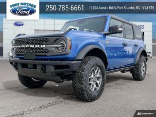 <b>Leather Seats, Heated Seats, Ford Co-Pilot360, 360-Degree Camera, Wireless Charging!</b><br> <br>   Carrying on the legendary legacy, this 2024 Ford Bronco defies all odds to take you on the best of adventures off-road. <br> <br>With a nostalgia-inducing design along with remarkable on-road driving manners with supreme off-road capability, this 2024 Ford Bronco is indeed a jack of all trades and masters every one of them. Durable build materials and functional engineering coupled with modern day infotainment and driver assistive features ensure that this iconic vehicle takes on whatever you can throw at it. Want an SUV that can genuinely do it all and look good while at it? Look no further than this 2024 Ford Bronco!<br> <br> This velocity blue metallic SUV  has a 10 speed automatic transmission and is powered by a  315HP 2.7L V6 Cylinder Engine.<br> <br> Our Broncos trim level is Badlands. Go the distance over any terrain in this Bronco Badlands, with even more undercarriage protection, robust Bilstein shock absorbers, front active anti-roll bars, front and rear tow hooks, and an assortment of upfitter switches. The seats are lined with marine-grade vinyl, with rubber floor covering, for easy rinsing after your intense off-road sessions. Other features include a manual targa composite 1st row sunroof, a manual convertible hard top with fixed rollover protection, a flip-up rear window, LED headlights with automatic high beams, and proximity keyless entry with push button start. Connectivity is handled by an 8-inch LCD screen powered by SYNC 4 with wireless Apple CarPlay and Android Auto, with SiriusXM satellite radio. Additional features include towing equipment including trailer sway control, pre-collision assist with pedestrian detection, forward collision mitigation, a rearview camera, and even more. This vehicle has been upgraded with the following features: Leather Seats, Heated Seats, Ford Co-pilot360, 360-degree Camera, Wireless Charging, Navigation, Heated Steering Wheel. <br><br> View the original window sticker for this vehicle with this url <b><a href=http://www.windowsticker.forddirect.com/windowsticker.pdf?vin=1FMEE9BP5RLA35422 target=_blank>http://www.windowsticker.forddirect.com/windowsticker.pdf?vin=1FMEE9BP5RLA35422</a></b>.<br> <br>To apply right now for financing use this link : <a href=https://www.fortmotors.ca/apply-for-credit/ target=_blank>https://www.fortmotors.ca/apply-for-credit/</a><br><br> <br/><br>Come down to Fort Motors and take it for a spin!<p><br> Come by and check out our fleet of 30+ used cars and trucks and 60+ new cars and trucks for sale in Fort St John.  o~o