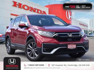 <p><strong>NEW COMPREHENSIVE WARRANTY INCLUDED & VALID TO 06/18/2024 OR 80,000 KMS! GREAT CR-V! IN EXCELLENT SHAPE! NO REPORTED ACCIDENTS! ONE PREVIOUS OWNER!</strong> 2020 Honda CR-V Sport featuring CVT transmission, five passenger seating, power sunroof, remote engine starter, rearview camera with dynamic guidelines, Apple CarPlay and Android Auto connectivity, Siri® Eyes Free compatibility, ECON mode, Bluetooth, AM/FM audio system with two USB inputs, steering wheel mounted controls, cruise control, air conditioning, dual climate zones, heated front seats, 12V power outlet, idle stop, power mirrors, power locks, power windows, 60/40 split fold-down rear seatback, Anchors and Tethers for Children (LATCH), The Honda Sensing Technologies - Adaptive Cruise Control, Forward Collision Warning system, Collision Mitigation Braking system, Lane Departure Warning system, Lane Keeping Assist system and Road Departure Mitigation system, remote keyless entry with trunk release, auto on/off headlights, LED brake lights, LED tail lights, electronic stability control and anti-lock braking system. Contact Cambridge Centre Honda for special discounted finance rates, as low as 8.99%, on approved credit from Honda Financial Services.</p>

<p><span style=color:#ff0000><strong>FREE $25 GAS CARD WITH TEST DRIVE!</strong></span></p>

<p>Our philosophy is simple. We believe that buying and owning a car should be easy, enjoyable and transparent. Welcome to the Cambridge Centre Honda Family! Cambridge Centre Honda proudly serves customers from Cambridge, Kitchener, Waterloo, Brantford, Hamilton, Waterford, Brant, Woodstock, Paris, Branchton, Preston, Hespeler, Galt, Puslinch, Morriston, Roseville, Plattsville, New Hamburg, Baden, Tavistock, Stratford, Wellesley, St. Clements, St. Jacobs, Elmira, Breslau, Guelph, Fergus, Elora, Rockwood, Halton Hills, Georgetown, Milton and all across Ontario!</p>