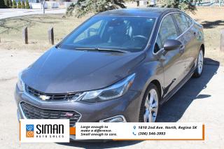 <p><strong>SASKATCHEWAN VEHICLE  RS PKG PREMIER EXCLUSIVE ENHANCED CONVIENCE PKG, DRIVER CONFIDENCE PKG</strong></p>

<p>Our Chevrolet Cruze Premier has been through a <strong>presale inspection fresh full synthetic oil service, New all season tire plus a set of good winter tires on alloy wheels. Carfax reports Saskatchewan vehicle with good service records. Financing Available on site Trades Encouraged. Aftermarket warranties to fit every need and budget.</strong> Every 2017 Chevrolet Cruze comes standard with a new suite of parental watchdog parameters called Teen Driver mode. The original Cruze represented a monumental improvement over Chevys previous small cars, but the new Cruze  fully redesigned last year  truly brings the fight to the rest of the compact class. Front and center is a heavy emphasis on technology. Each Cruze comes with a touchscreen radio, a 4G LTE Wi-Fi hotspot, a rearview camera and Apple CarPlay/Android Auto functionality. Advanced safety features  including rear parking sensors, lane departure warning and blind-spot monitoring  are also available. But the Cruze isnt just about shiny new gadgets. It also boasts a world-class cabin that feels more luxurious than most other compact cars and a ride that is both sporty and comfortable. Put a late-model Cavalier up against the Cruze, and youd be stunned to learn they were produced by the same company. stability control, four-wheel antilock disc brakes, full-length side curtain airbags, front knee airbags, and front and rear side-impact airbags. Also standard is OnStar, which includes automatic crash notification, on-demand roadside assistance, remote door unlocking and stolen vehicle assistance. Every 2017 Cruze comes with Chevrolets Teen Driver watchdog feature, which can be used to set certain parameters for secondary drivers such as teens or valets. Convenience package adds keyless ignition and entry, heated front seats, an eight-way power driver seat and remote engine start. Leather package adds a heated and leather-wrapped steering wheel, leather upholstery and a height-adjustable front passenger seat. Premier adds an upgraded rear suspension, chrome exterior accents, ambient interior lighting and illuminated vanity mirrors. RS Appearance package (foglights, a rear spoiler, a sport body kit and 18-inch wheels for Premier models) and a Sun and Sound package that includes a sunroof, a color driver information center, ambient interior lighting, a larger 8-inch center touchscreen display and a nine-speaker Bose audio system. A navigation system is additionally included for this package on the Premier. Driver Confidence package, which consists of rear parking sensors and blind-spot monitoring with rear cross-traffic alert. The Driver Confidence II package, offered only on the Premier, adds automatic high-beam headlight control, forward collision warning, and lane departure warning and intervention. Premier-exclusive Enhanced Convenience package throws in an auto-dimming rearview mirror, automatic climate control, heated rear outboard seats, wireless personal device charging and a 110-volt, household-style power outlet.</p>

<p><span style=color:#2980b9><strong>Siman Auto Sales is large enough to make a difference but small enough to care. We are family owned and operated, and have been proudly serving Saskatchewan car buyers since 1998. We offer on site financing, consignment, automotive repair and over 90 preowned vehicles to choose from.</strong></span></p>