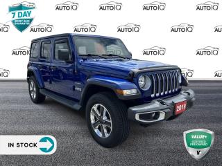 Ocean Blue Metallic Clearcoat 2019 Jeep Wrangler Unlimited Sahara 4D Sport Utility Pentastar 3.6L V6 VVT 8-Speed Automatic 4WD 1-Yr SiriusXM Guardian Subscription, 240 Amp Alternator, 4- and 7-Pin Wiring Harness, 4 Auxiliary Switches, 4G LTE Wi-Fi Hot Spot, 4-Wheel Disc Brakes, 5-Yr SiriusXM Traffic Subscription, 700 Amp Maintenance Free Battery, 8.4 Touchscreen, ABS brakes, Air Conditioning, Alloy wheels, Alpine Premium Audio System, AM/FM radio: SiriusXM, Apple CarPlay/Android Auto, Auto-Dimming Rear-View Mirror, Automatic temperature control, Black Jeep Freedom Top Hardtop, Black Premium Sunrider Soft Top (ST2), Brake assist, Class II Hitch Receiver, Cloth Bucket Seats, Cold Weather Group, Compass, Convertible HardTop, Delay-off headlights, Delete Sunrider Soft Top, Driver door bin, Driver vanity mirror, Dual front impact airbags, Dual front side impact airbags, Electronic Stability Control, For Details, Visit DriveUconnect.ca, Freedom Panel Storage Bag, Front anti-roll bar, Front Bucket Seats, Front dual zone A/C, Front fog lights, Front Heated Seats, Front reading lights, Fully automatic headlights, Garage door transmitter, GPS Navigation, HD Radio, Heated door mirrors, Heated Steering Wheel, Illuminated entry, Integrated roll-over protection, Leather steering wheel, Low tire pressure warning, Occupant sensing airbag, Outside temperature display, Panic alarm, ParkView Rear Back-Up Camera, Passenger door bin, Passenger vanity mirror, Power door mirrors, Power steering, Power windows, Quick Order Package 24G, Radio data system, Radio: Uconnect 4C Nav w/8.4 Display, Rear anti-roll bar, Rear reading lights, Rear Window Defroster, Rear window defroster, Remote keyless entry, Remote Proximity Keyless Entry, Roadside Assistance/Emergency Call, Security system, SiriusXM Traffic, SiriusXM Travel Link, Split folding rear seat, Steering wheel mounted audio controls, Tachometer, Telescoping steering wheel, Tilt steering wheel, Traction control, Trailer Tow & HD Electrical Group, Trip computer, Uconnect 4C Nav & Sound Group, Voltmeter, Wheels: 18 x 7.5 Polished w/Grey Spokes.

Awards:
  * Motor Trend Canada Automobiles of the year   * ALG Canada Residual Value Awards<p> </p>

<h4>VALUE+ CERTIFIED PRE-OWNED VEHICLE</h4>

<p>36-point Provincial Safety Inspection<br />
172-point inspection combined mechanical, aesthetic, functional inspection including a vehicle report card<br />
Warranty: 30 Days or 1500 KMS on mechanical safety-related items and extended plans are available<br />
Complimentary CARFAX Vehicle History Report<br />
2X Provincial safety standard for tire tread depth<br />
2X Provincial safety standard for brake pad thickness<br />
7 Day Money Back Guarantee*<br />
Market Value Report provided<br />
Complimentary 3 months SIRIUS XM satellite radio subscription on equipped vehicles<br />
Complimentary wash and vacuum<br />
Vehicle scanned for open recall notifications from manufacturer</p>

<p>SPECIAL NOTE: This vehicle is reserved for AutoIQs retail customers only. Please, No dealer calls. Errors & omissions excepted.</p>

<p>*As-traded, specialty or high-performance vehicles are excluded from the 7-Day Money Back Guarantee Program (including, but not limited to Ford Shelby, Ford mustang GT, Ford Raptor, Chevrolet Corvette, Camaro 2SS, Camaro ZL1, V-Series Cadillac, Dodge/Jeep SRT, Hyundai N Line, all electric models)</p>

<p>INSGMT</p>