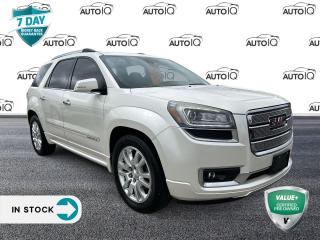 White Diamond Tricoat 2015 GMC Acadia Denali 4D Sport Utility 3.6L V6 SIDI 6-Speed Automatic AWD AWD, Leather, 10 Speakers, 2-Position Memory For Drivers Seat Adjuster, 8-Way Power Driver Seat, 8-Way Power Passenger Seat Adjuster, AM/FM radio: SiriusXM, Body-Colour Mouldings w/Chrome Insert, Bose Premium 10-Speaker Audio System, CD player, Denali Specific Acoustic Insulation Package, Denali Specific Body-Colour Rocker Moulding, Denali Specific Bright Side Rails Luggage Rack, Denali Specific Dual Flow Through Fascia Exhaust, Denali Specific Illuminated Sill Plate, Dual SkyScape 2-Panel Power Sunroof, Forward Collision Alert & Lane Departure Warning, Head-Up Display, Heated & Cooled Front Seats, Heated Leather Wrapped Steering Wheel, Heated Power-Adjustable Outside Mirrors, Heavy-Duty Cooling System, High-Intensity Discharge Projector Low Beam Headlamps, Inside Rear-View Auto-Dimming Mirror, Leather-Wrapped Steering Wheel w/Wood Trim, NavTraffic, Power Rear Liftgate Body, Power Tilt & Telescopic Steering Column, Power Windows w/Driver Express-Up & -Down, Preferred Equipment Group 5SA, Premium audio system: IntelliLink, Premium Carpeted Front 2nd & 3rd Row Floor Mats, Radio data system, Radio: Colour Touch Navigation w/IntelliLink, Rear Audio System Controls, Rear Cargo Area Audio System Controls, Remote Vehicle Start, Side Blind Zone Alert & Rear Cross Traffic Alert, SiriusXM Satellite Radio, Technology Package, Trailer Hitch, Trailering Equipment, Tri-Zone Automatic Climate Control, Universal Home Remote, Variable Effort Power Steering.<p> </p>

<h4>VALUE+ CERTIFIED PRE-OWNED VEHICLE</h4>

<p>36-point Provincial Safety Inspection<br />
172-point inspection combined mechanical, aesthetic, functional inspection including a vehicle report card<br />
Warranty: 30 Days or 1500 KMS on mechanical safety-related items and extended plans are available<br />
Complimentary CARFAX Vehicle History Report<br />
2X Provincial safety standard for tire tread depth<br />
2X Provincial safety standard for brake pad thickness<br />
7 Day Money Back Guarantee*<br />
Market Value Report provided<br />
Complimentary 3 months SIRIUS XM satellite radio subscription on equipped vehicles<br />
Complimentary wash and vacuum<br />
Vehicle scanned for open recall notifications from manufacturer</p>

<p>SPECIAL NOTE: This vehicle is reserved for AutoIQs retail customers only. Please, No dealer calls. Errors & omissions excepted.</p>

<p>*As-traded, specialty or high-performance vehicles are excluded from the 7-Day Money Back Guarantee Program (including, but not limited to Ford Shelby, Ford mustang GT, Ford Raptor, Chevrolet Corvette, Camaro 2SS, Camaro ZL1, V-Series Cadillac, Dodge/Jeep SRT, Hyundai N Line, all electric models)</p>

<p>INSGMT</p>