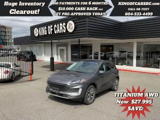 2021 FORD ESCAPE TITANIUM AWDPANORAMIC SUNROOF, NAVIGATION, BACK UP CAMERA, POWER MEMORY SEATS, LEATHER SEATS, HEATED SEATS, HEATED STEERING WHEEL, PRE-COLLISION BRAKING, ADAPTIVE CRUISE CONTROL, LANE ASSIST, BLIND SPOT DETECTION, REAR-CROSS TRAFFIC ALERT, BANG & OLUFSEN SPEAKER SYSTEM, DIGITAL DRIVER DISPLAY, AUTOMATIC PARKING, PARKING SENSORS, AUTO STOP & GO, POWER TAILGATE, REMOTE STARTER, KEYLESS GO, PUSH BUTTON START, DUAL CLIMATE CONTROL, LED HEADLIGHTSAVAILABLE WARRANTY OPTIONSCALL US TODAY FOR MORE INFORMATION604 533 4499 OR TEXT US AT 604 360 0123GO TO KINGOFCARSBC.COM AND APPLY FOR A FREE-------- PRE APPROVAL -------STOCK # P214994PLUS ADMINISTRATION FEE OF $895 AND TAXESDEALER # 31301all finance options are subject to ....oac...