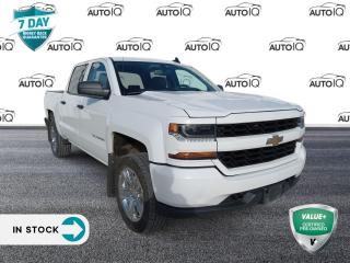 Summit White 2018 Chevrolet Silverado 1500 Custom 4D Crew Cab EcoTec3 5.3L V8 6-Speed Automatic Electronic with Overdrive 4WD 6-Speed Automatic Electronic with Overdrive, 4WD, Dark Ash/Jet Black w/Cloth Seat Trim, 40/20/40 Front Split Bench Seat, Air Conditioning, Alloy wheels, Bluetooth® For Phone, Cloth Seat Trim, Delay-off headlights, Exterior Parking Camera Rear, Front reading lights, Fully automatic headlights, Heated door mirrors, High-Intensity Discharge Headlights, Illuminated entry, Low tire pressure warning, Manual Tilt Wheel Steering Column, Power door mirrors, Power windows, Power Windows w/Driver Express Up, Premium audio system: Chevrolet MyLink, Silverado Custom Trim, Split folding rear seat, Tilt steering wheel.<p> </p>

<h4>VALUE+ CERTIFIED PRE-OWNED VEHICLE</h4>

<p>36-point Provincial Safety Inspection<br />
172-point inspection combined mechanical, aesthetic, functional inspection including a vehicle report card<br />
Warranty: 30 Days or 1500 KMS on mechanical safety-related items and extended plans are available<br />
Complimentary CARFAX Vehicle History Report<br />
2X Provincial safety standard for tire tread depth<br />
2X Provincial safety standard for brake pad thickness<br />
7 Day Money Back Guarantee*<br />
Market Value Report provided<br />
Complimentary 3 months SIRIUS XM satellite radio subscription on equipped vehicles<br />
Complimentary wash and vacuum<br />
Vehicle scanned for open recall notifications from manufacturer</p>

<p>SPECIAL NOTE: This vehicle is reserved for AutoIQs retail customers only. Please, No dealer calls. Errors & omissions excepted.</p>

<p>*As-traded, specialty or high-performance vehicles are excluded from the 7-Day Money Back Guarantee Program (including, but not limited to Ford Shelby, Ford mustang GT, Ford Raptor, Chevrolet Corvette, Camaro 2SS, Camaro ZL1, V-Series Cadillac, Dodge/Jeep SRT, Hyundai N Line, all electric models)</p>

<p>INSGMT</p>