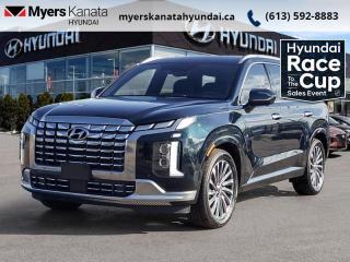 <b>Heads Up Display,  Cooled Seats,  Sunroof,  Leather Seats,  Premium Audio!</b><br> <br> <br> <br>  Hyundais entry to the 3-seater SUV segment is a huge shakeup, as this Palisade is an extremely compelling contender. <br> <br>Big enough for your busy and active family, this Hyundai Palisade returns for 2024, and is good as ever. With a features list that would fit in with the luxury SUV segment attached to a family friendly interior, this Palisade was made to take the SUV segment by storm. For the next classic SUV people are sure to talk about for years, look no further than this Hyundai Palisade. <br> <br> This robust emerald SUV  has an automatic transmission and is powered by a  291HP 3.8L V6 Cylinder Engine.<br> <br> Our Palisades trim level is Ultimate Calligraphy 7-Passenger. With luxury features like a heads up display, a two row sunroof, and heated and cooled Nappa leather seats, this Palisade Ultimate Calligraphy proves family friendly does not have to be boring for adults. This trim also adds navigation, a 12 speaker Harman Kardon premium audio system, a power liftgate, remote start, and a 360 degree parking camera. This amazing SUV keeps you connected on the go with touchscreen infotainment including wireless Android Auto, Apple CarPlay, wi-fi, and a Bluetooth hands free phone system. A heated steering wheel, memory settings, proximity keyless entry, and automatic high beams provide amazing luxury and convenience. This family friendly SUV helps keep you and your passengers safe with lane keep assist, forward collision avoidance, distance pacing cruise with stop and go, parking distance warning, blind spot assistance, and driver attention monitoring.<br><br> <br>To apply right now for financing use this link : <a href=https://www.myerskanatahyundai.com/finance/ target=_blank>https://www.myerskanatahyundai.com/finance/</a><br><br> <br/>    6.99% financing for 96 months. <br> Buy this vehicle now for the lowest weekly payment of <b>$207.45</b> with $0 down for 96 months @ 6.99% APR O.A.C. ( Plus applicable taxes -  $2596 and licensing fees    ).  Incentives expire 2024-04-30.  See dealer for details. <br> <br>This vehicle is located at Myers Kanata Hyundai 400-2500 Palladium Dr Kanata, Ontario. <br><br> Come by and check out our fleet of 30+ used cars and trucks and 50+ new cars and trucks for sale in Kanata.  o~o