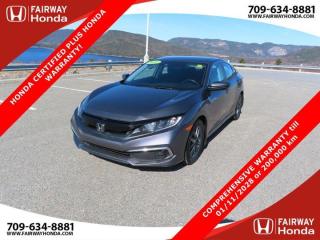 Recent Arrival!Modern Steel Metallic 2021 Honda Civic EX COMPREHENSIVE WARRANTY till 01/11/2028 or 200,000 FWD CVT 2.0L I4 DOHC 16V i-VTEC*Professionally Detailed*, *Market Value Pricing*, Black w/Fabric Seating Surfaces, 16 Aluminum Alloy Wheels, 4-Wheel Disc Brakes, 8 Speakers, ABS brakes, Air Conditioning, AM/FM radio, Apple CarPlay/Android Auto, Auto High-beam Headlights, Automatic temperature control, Brake assist, Bumpers: body-colour, Delay-off headlights, Driver door bin, Driver vanity mirror, Dual front impact airbags, Dual front side impact airbags, Electronic Stability Control, Emergency communication system, Exterior Parking Camera Rear, Fabric Seating Surfaces, Forward collision: Collision Mitigation Braking System (CMBS) + FCW mitigation, Four wheel independent suspension, Front anti-roll bar, Front dual zone A/C, Front reading lights, Fully automatic headlights, Heated door mirrors, Heated Front Bucket Seats, Illuminated entry, Lane departure: Lane Keeping Assist System (LKAS) active, Leather Shift Knob, Occupant sensing airbag, Outside temperature display, Overhead airbag, Overhead console, Panic alarm, Passenger door bin, Passenger vanity mirror, Power door mirrors, Power driver seat, Power moonroof, Power steering, Power windows, Radio data system, Radio: 180-Watt AM/FM Audio System, Rear anti-roll bar, Rear window defroster, Remote keyless entry, Security system, Speed control, Speed-sensing steering, Speed-Sensitive Wipers, Split folding rear seat, Steering wheel mounted audio controls, Tachometer, Telescoping steering wheel, Tilt steering wheel, Traction control, Trip computer, Variably intermittent wipers.Honda Certified Details:* Vehicle history report. Access to MyHonda* Exclusive finance rates on Certified Pre-Owned Honda models* 7 year / 160,000 km Power Train Warranty whichever comes first. This is an additional 2 year/60,000 kms beyond the original factory Power Train warranty. Honda Certified Used Vehicles also have the option to upgrade to a Honda Plus Extended Warranty* 7 day/1,000 km exchange privilege whichever comes first* 24 hours/day, 7 days/week* Multipoint InspectionFairway Honda - Community Driven!