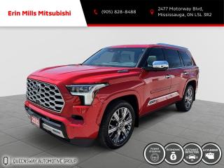V6 Hybrid, 10-Speed Automatic, 4WD.<br><br>Recent Arrival!<br><br><br>2023 Red Toyota Sequoia Limited<br><br>Vehicle Price and Finance payments include OMVIC Fee and Fuel. Erin Mills Mitsubishi is proud to offer a superior selection of top quality pre-owned vehicles of all makes. We stock cars, trucks, SUVs, sports cars, and crossovers to fit every budget!! We have been proudly serving the cities and towns of Kitchener, Guelph, Waterloo, Hamilton, Oakville, Toronto, Windsor, London, Niagara Falls, Cambridge, Orillia, Bracebridge, Barrie, Mississauga, Brampton, Simcoe, Burlington, Ottawa, Sarnia, Port Elgin, Kincardine, Listowel, Collingwood, Arthur, Wiarton, Brantford, St. Catharines, Newmarket, Stratford, Peterborough, Kingston, Sudbury, Sault Ste Marie, Welland, Oshawa, Whitby, Cobourg, Belleville, Trenton, Petawawa, North Bay, Huntsville, Gananoque, Brockville, Napanee, Arnprior, Bancroft, Owen Sound, Chatham, St. Thomas, Leamington, Milton, Ajax, Pickering and surrounding areas since 2009.