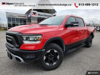 <b>Off-Road Suspension,  Aluminum Wheels,  Sport Performance Hood,  Black Accents,  Proximity Key!</b><br> <br>  Compare at $44280 - Our Price is just $42990! <br> <br>   Fully redesigned for 2019, this Ram 1500 has reduced weight and increased payload and towing capacity over the previous generations. This  2019 Ram 1500 is fresh on our lot in Manotick. <br> <br>The Ram 1500 delivers power and performance everywhere you need it, with a tech-forward cabin that is all about comfort and convenience. Loaded with best-in-class features, its easy to see why the Ram 1500 is so popular. With the most towing and hauling capability in a Ram 1500, as well as improved efficiency and exceptional capability, this truck has the grit to take on any task. This  Crew Cab 4X4 pickup  has 93,548 kms. Its  red in colour  . It has an automatic transmission and is powered by a  395HP 5.7L 8 Cylinder Engine. <br> <br> Our 1500s trim level is Rebel. This menacing Ram 1500 Rebel comes very well equipped with unique aluminum wheels, a sport performance hood, Bilstein off-road suspension with skid plates, Uconnect with a color touchscreen, wireless streaming audio, USB input jacks, and a handy rear view camera. This sweet pickup truck also comes with a power driver seat, a dampened tailgate, electronic shift-on-the-fly transfer case, hill decent control, power heated side mirrors, proximity keyless entry, cruise control, towing equipment, black bumpers with rear step, LED headlights and fog lights and much more. This vehicle has been upgraded with the following features: Off-road Suspension,  Aluminum Wheels,  Sport Performance Hood,  Black Accents,  Proximity Key,  Touchscreen,  Streaming Audio. <br> To view the original window sticker for this vehicle view this <a href=http://www.chrysler.com/hostd/windowsticker/getWindowStickerPdf.do?vin=1C6SRFLT1KN816977 target=_blank>http://www.chrysler.com/hostd/windowsticker/getWindowStickerPdf.do?vin=1C6SRFLT1KN816977</a>. <br/><br> <br>To apply right now for financing use this link : <a href=https://CreditOnline.dealertrack.ca/Web/Default.aspx?Token=3206df1a-492e-4453-9f18-918b5245c510&Lang=en target=_blank>https://CreditOnline.dealertrack.ca/Web/Default.aspx?Token=3206df1a-492e-4453-9f18-918b5245c510&Lang=en</a><br><br> <br/><br> Buy this vehicle now for the lowest weekly payment of <b>$164.28</b> with $0 down for 84 months @ 9.99% APR O.A.C. ( Plus applicable taxes -  and licensing fees   ).  See dealer for details. <br> <br>If youre looking for a Dodge, Ram, Jeep, and Chrysler dealership in Ottawa that always goes above and beyond for you, visit Myers Manotick Dodge today! Were more than just great cars. We provide the kind of world-class Dodge service experience near Kanata that will make you a Myers customer for life. And with fabulous perks like extended service hours, our 30-day tire price guarantee, the Myers No Charge Engine/Transmission for Life program, and complimentary shuttle service, its no wonder were a top choice for drivers everywhere. Get more with Myers! <br>*LIFETIME ENGINE TRANSMISSION WARRANTY NOT AVAILABLE ON VEHICLES WITH KMS EXCEEDING 140,000KM, VEHICLES 8 YEARS & OLDER, OR HIGHLINE BRAND VEHICLE(eg. BMW, INFINITI. CADILLAC, LEXUS...)<br> Come by and check out our fleet of 40+ used cars and trucks and 100+ new cars and trucks for sale in Manotick.  o~o