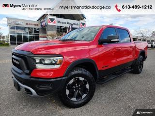 <b>Off-Road Suspension,  Aluminum Wheels,  Sport Performance Hood,  Black Accents,  Proximity Key!</b><br> <br>  Compare at $44280 - Our Price is just $42990! <br> <br>   Fully redesigned for 2019, this Ram 1500 has reduced weight and increased payload and towing capacity over the previous generations. This  2019 Ram 1500 is fresh on our lot in Manotick. <br> <br>The Ram 1500 delivers power and performance everywhere you need it, with a tech-forward cabin that is all about comfort and convenience. Loaded with best-in-class features, its easy to see why the Ram 1500 is so popular. With the most towing and hauling capability in a Ram 1500, as well as improved efficiency and exceptional capability, this truck has the grit to take on any task. This  Crew Cab 4X4 pickup  has 93,548 kms. Its  red in colour  . It has an automatic transmission and is powered by a  395HP 5.7L 8 Cylinder Engine. <br> <br> Our 1500s trim level is Rebel. This menacing Ram 1500 Rebel comes very well equipped with unique aluminum wheels, a sport performance hood, Bilstein off-road suspension with skid plates, Uconnect with a color touchscreen, wireless streaming audio, USB input jacks, and a handy rear view camera. This sweet pickup truck also comes with a power driver seat, a dampened tailgate, electronic shift-on-the-fly transfer case, hill decent control, power heated side mirrors, proximity keyless entry, cruise control, towing equipment, black bumpers with rear step, LED headlights and fog lights and much more. This vehicle has been upgraded with the following features: Off-road Suspension,  Aluminum Wheels,  Sport Performance Hood,  Black Accents,  Proximity Key,  Touchscreen,  Streaming Audio. <br> To view the original window sticker for this vehicle view this <a href=http://www.chrysler.com/hostd/windowsticker/getWindowStickerPdf.do?vin=1C6SRFLT1KN816977 target=_blank>http://www.chrysler.com/hostd/windowsticker/getWindowStickerPdf.do?vin=1C6SRFLT1KN816977</a>. <br/><br> <br>To apply right now for financing use this link : <a href=https://CreditOnline.dealertrack.ca/Web/Default.aspx?Token=3206df1a-492e-4453-9f18-918b5245c510&Lang=en target=_blank>https://CreditOnline.dealertrack.ca/Web/Default.aspx?Token=3206df1a-492e-4453-9f18-918b5245c510&Lang=en</a><br><br> <br/><br> Buy this vehicle now for the lowest weekly payment of <b>$164.28</b> with $0 down for 84 months @ 9.99% APR O.A.C. ( Plus applicable taxes -  and licensing fees   ).  See dealer for details. <br> <br>If youre looking for a Dodge, Ram, Jeep, and Chrysler dealership in Ottawa that always goes above and beyond for you, visit Myers Manotick Dodge today! Were more than just great cars. We provide the kind of world-class Dodge service experience near Kanata that will make you a Myers customer for life. And with fabulous perks like extended service hours, our 30-day tire price guarantee, the Myers No Charge Engine/Transmission for Life program, and complimentary shuttle service, its no wonder were a top choice for drivers everywhere. Get more with Myers! <br>*LIFETIME ENGINE TRANSMISSION WARRANTY NOT AVAILABLE ON VEHICLES WITH KMS EXCEEDING 140,000KM, VEHICLES 8 YEARS & OLDER, OR HIGHLINE BRAND VEHICLE(eg. BMW, INFINITI. CADILLAC, LEXUS...)<br> Come by and check out our fleet of 40+ used cars and trucks and 100+ new cars and trucks for sale in Manotick.  o~o