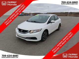 Awards:* IIHS Canada Top Safety PickRecent Arrival!Odometer is 108556 kilometers below market average! Taffeta White 2015 Honda Civic EX FULLY HONDA INSPECTED! PRICED TO MOVE TO FAST! FWD CVT 1.8L I4 SOHC 16V i-VTEC*Professionally Detailed*, *Market Value Pricing*, Black w/Cloth Seat Trim, 4-Wheel Disc Brakes, 6 Speakers, ABS brakes, Air Conditioning, AM/FM radio, Automatic temperature control, Brake assist, Bumpers: body-colour, CD player, Cloth Seating Surfaces, Delay-off headlights, Driver door bin, Driver vanity mirror, Dual front impact airbags, Dual front side impact airbags, Electronic Stability Control, Exterior Parking Camera Rear, Four wheel independent suspension, Front anti-roll bar, Front reading lights, Fully automatic headlights, Heated door mirrors, Heated Front Bucket Seats, Illuminated entry, Occupant sensing airbag, Outside temperature display, Overhead airbag, Panic alarm, Passenger door bin, Passenger vanity mirror, Power door mirrors, Power moonroof, Power steering, Power windows, Radio data system, Radio: AM/FM/CD/MP3/WMA Audio System w/6 Speakers, Rear anti-roll bar, Rear window defroster, Remote keyless entry, Security system, Speed control, Speed-sensing steering, Speed-Sensitive Wipers, Split folding rear seat, Steering wheel mounted audio controls, Tachometer, Telescoping steering wheel, Tilt steering wheel, Traction control, Trip computer, Variably intermittent wipers, Wheels: 16 x 6.5J Aluminum-Alloy.Certification Program Details: 85 Point Inspection Top Up Fluids Brake Inspection Tire Inspection Fresh 2 Year MVI Fresh Oil ChangeReviews:* Owners say Civic is maneuverable, comfortable and relatively solid to drive, though the driving experience isnt the primary reason most shoppers pick a Civic. Reliability and purchase confidence is highly rated, as is Civics generous-for-its-size roominess. Owners note generous trunk space, and cargo space, with the rear seats folded. Fuel efficiency and performance are both rated well, too. Many owners, having previous experience owning an older Civic model, purchase newer ones having enjoyed a no-fuss ownership experience. Source: autoTRADER.caFairway Honda - Community Driven!