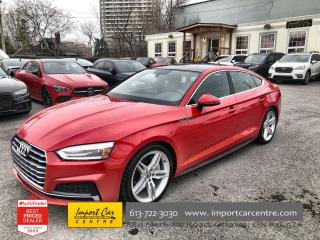 *** 2023 AUTOTRADER BEST PRICED DEALER AWARD 2023 * CARGURUS TOP RATED DEALER 2023 * NO ACCIDENTS * SMETANA APPROVED ***  This 2019 Audi A5 Sportback Progressiv is truly a fine example of German engineering and craft!!  Finished in Progressive Red Metallic with gorgeous contrasting black leather seating surfaces, 248 horses under the hood, incredible Quattro all wheel drive handling, S-Line sports package, 19 alloy wheels, proximity key with push start button, panoramic sunroof, flat bottom sport steering wheel, paddle shifters, 2 stage drivers seat memory, navigation, Audi Virtual Cockpit, sport seats, thigh extensions, aluminum pedals, tri-zone climate control system, heated seats, backup camera, park distance control, Audi Drive Select, start/stop function, traction control, brushed stainless trim, Apple Car Play, Android Auto, speed warning, parking aid, efficiency assist, Audi Pre-Sense, rain sensors, only 44,000kms all compliment this stunning 2019 Audi A5 Sportback Progressiv S-Line Sport package.  Perfection and beyond!!  Home of the Platinum up to 240,000kms warranty and financing is always available O.A.C Import Car Centre, proudly serving the Ottawa and surrounding area for over 42 years. Come down and experience Import Car Centre for yourself and see just why our customers are so happy! 

 #importcarcentre #smetanaapproved #iccs
