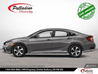 <b>Heated Seats,  Apple CarPlay,  Android Auto,  Lane Keep Assist,  Collision Mitigation!</b><br> <br>    The sporty design is perfectly complemented by its powerful, yet efficient engine, while its striking interior is designed with both comfort and safety in mind. This  2021 Honda Civic Sedan is fresh on our lot in Sudbury. <br> <br>With harmonious power, excellent handling capability, plus its engaging driving dynamic, this 2021 Honda Civic is a highly compelling choice in the eco-friendly compact car segment. Regardless of your style preference or driving habits, this impressive Honda Civic will perfectly suit your wants and needs. The Civic offers the right amount of cargo space, an aggressive exterior design with sporty and sleek body lines, plus a comfortable and ergonomic interior layout that works well with all family sizes. This Civic easily makes a bold statement without saying a word! This  sedan has 82,580 kms. Its  silver in colour  . It has an automatic transmission and is powered by a  2.0L I4 16V MPFI DOHC engine.  This unit has some remaining factory warranty for added peace of mind. <br> <br> Our Civic Sedans trim level is LX. This base model LX Civic still packs a lot of features for an incredible value with driver assistance technology like collision mitigation with forward collision warning, lane keep assist with road departure mitigation, adaptive cruise control, straight driving assist for slopes, and automatic highbeams you normally only expect with a higher price. The interior is as comfy and advanced as you need with heated front seats, remote keyless entry, Apple CarPlay, Android Auto, Bluetooth, Siri EyesFree, WiFi tethering, steering wheel with cruise and audio controls, multi-angle rearview camera, 7 inch driver information display, and automatic climate control. The exterior has some great style with aluminum wheels, independent suspension, heated power side mirrors, and LED taillamps. This vehicle has been upgraded with the following features: Heated Seats,  Apple Carplay,  Android Auto,  Lane Keep Assist,  Collision Mitigation,  Siri Eyesfree,  Remote Keyless Entry. <br> <br>To apply right now for financing use this link : <a href=https://www.palladinohonda.com/finance/finance-application target=_blank>https://www.palladinohonda.com/finance/finance-application</a><br><br> <br/><br>Palladino Honda is your ultimate resource for all things Honda, especially for drivers in and around Sturgeon Falls, Elliot Lake, Espanola, Alban, and Little Current. Our dealership boasts a vast selection of high-class, top-quality Honda models, as well as expert financing advice and impeccable automotive service. These factors arent what set us apart from other dealerships, though. Rather, our uncompromising customer service and professionalism make every experience unforgettable, and keeps drivers coming back. The advertised price is for financing purchases only. All cash purchases will be subject to an additional surcharge of $2,501.00. This advertised price also does not include taxes and licensing fees.<br> Come by and check out our fleet of 100+ used cars and trucks and 70+ new cars and trucks for sale in Sudbury.  o~o
