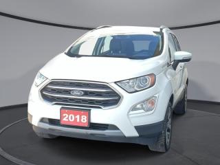 <b>Navigation,  Sunroof,  Bluetooth,  Blind Spot Assist,  Rear View Camera!</b><br> <br>    Wherever youre headed, the EcoSport provides you with a stylish interior and intelligent technology designed to help keep you connected. This  2018 Ford EcoSport is fresh on our lot in Sudbury. <br> <br>Offering an excellent driving position and one of the roomiest rear seats in its class, this Ford EcoSport is the perfect compact SUV for all ages. Its ready for whatever road trip you have in store, with enough cargo space to easily fit large suitcases with ease. Thanks to its compact size, this EcoSport is incredibly easy to drive with excellent visibility and maneuverability on the tightest of city streets. Wherever youre headed, the Ford EcoSport is sure to impress.This  SUV has 135,000 kms. Its  white platinum in colour  . It has an automatic transmission and is powered by a  2.0L I4 16V GDI DOHC engine.  <br> <br> Our EcoSports trim level is Titanium AWD. This EcoSport Titanium gives you a lot of luxury and technology in a small crossover. It comes with leatherette seats, a heated, leather-wrapped steering wheel, a SYNC 3 infotainment system with Bluetooth, SiriusXM, navigation, and 9-speaker premium audio, aluminum wheels, a power sunroof, a rearview camera, blind spot assist, and more. This vehicle has been upgraded with the following features: Navigation,  Sunroof,  Bluetooth,  Blind Spot Assist,  Rear View Camera,  Heated Steering Wheel,  Premium Sound Package. <br> To view the original window sticker for this vehicle view this <a href=http://www.windowsticker.forddirect.com/windowsticker.pdf?vin=MAJ6P1WL1JC208584 target=_blank>http://www.windowsticker.forddirect.com/windowsticker.pdf?vin=MAJ6P1WL1JC208584</a>. <br/><br> <br>To apply right now for financing use this link : <a href=https://www.palladinohonda.com/finance/finance-application target=_blank>https://www.palladinohonda.com/finance/finance-application</a><br><br> <br/><br>Palladino Honda is your ultimate resource for all things Honda, especially for drivers in and around Sturgeon Falls, Elliot Lake, Espanola, Alban, and Little Current. Our dealership boasts a vast selection of high-class, top-quality Honda models, as well as expert financing advice and impeccable automotive service. These factors arent what set us apart from other dealerships, though. Rather, our uncompromising customer service and professionalism make every experience unforgettable, and keeps drivers coming back. The advertised price is for financing purchases only. All cash purchases will be subject to an additional surcharge of $2,501.00. This advertised price also does not include taxes and licensing fees.<br> Come by and check out our fleet of 100+ used cars and trucks and 70+ new cars and trucks for sale in Sudbury.  o~o