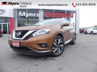 <b>Sunroof,  Navigation,  Leather Seats,  Cooled Seats,  Premium Sound Package!</b><br> <br>  Compare at $24719 - Our Price is just $23999! <br> <br>   Unique styling sets this Nissan Murano apart from its rivals in the often repetitive crossover landscape. This  2018 Nissan Murano is fresh on our lot in Orleans. <br> <br>Enjoy a premium crafted crossover experience. This Nissan Murano leads with innovation and follows through with devotion to the smallest detail. An unmistakable exterior draws you in. The well-appointed interior creates a personal environment for the driver while keeping your passengers comfortable. A potent drivetrain delivers confident, refined control. Embrace the details. Delight in technology. It all starts with a touch of the push-button ignition. This  SUV has 84,419 kms. Its  pacific sunset metallic in colour  . It has an automatic transmission and is powered by a  260HP 3.5L V6 Cylinder Engine.  It may have some remaining factory warranty, please check with dealer for details. <br> <br> Our Muranos trim level is AWD Platinum. This Murano Platinum is a portrait of luxury. It comes with a power panoramic moonroof, remote start, navigation, Bluetooth, a power liftgate, a heated, leather-wrapped steering wheel, leather seats which are heated and cooled in front, heated back seats, an around view monitor, Bose 11-speaker premium audio, blind spot warning, moving object detection, intelligent cruise control, forward emergency braking, and more. This vehicle has been upgraded with the following features: Sunroof,  Navigation,  Leather Seats,  Cooled Seats,  Premium Sound Package,  Bluetooth,  Heated Seats. <br> <br/><br>We are proud to regularly serve our clients and ready to help you find the right car that fits your needs, your wants, and your budget.And, of course, were always happy to answer any of your questions.Proudly supporting Ottawa, Orleans, Vanier, Barrhaven, Kanata, Nepean, Stittsville, Carp, Dunrobin, Kemptville, Westboro, Cumberland, Rockland, Embrun , Casselman , Limoges, Crysler and beyond! Call us at (613) 824-8550 or use the Get More Info button for more information. Please see dealer for details. The vehicle may not be exactly as shown. The selling price includes all fees, licensing & taxes are extra. OMVIC licensed.Find out why Myers Orleans Nissan is Ottawas number one rated Nissan dealership for customer satisfaction! We take pride in offering our clients exceptional bilingual customer service throughout our sales, service and parts departments. Located just off highway 174 at the Jean DÀrc exit, in the Orleans Auto Mall, we have a huge selection of Used vehicles and our professional team will help you find the Nissan that fits both your lifestyle and budget. And if we dont have it here, we will find it or you! Visit or call us today.<br>*LIFETIME ENGINE TRANSMISSION WARRANTY NOT AVAILABLE ON VEHICLES WITH KMS EXCEEDING 140,000KM, VEHICLES 8 YEARS & OLDER, OR HIGHLINE BRAND VEHICLE(eg. BMW, INFINITI. CADILLAC, LEXUS...)<br> Come by and check out our fleet of 50+ used cars and trucks and 90+ new cars and trucks for sale in Orleans.  o~o